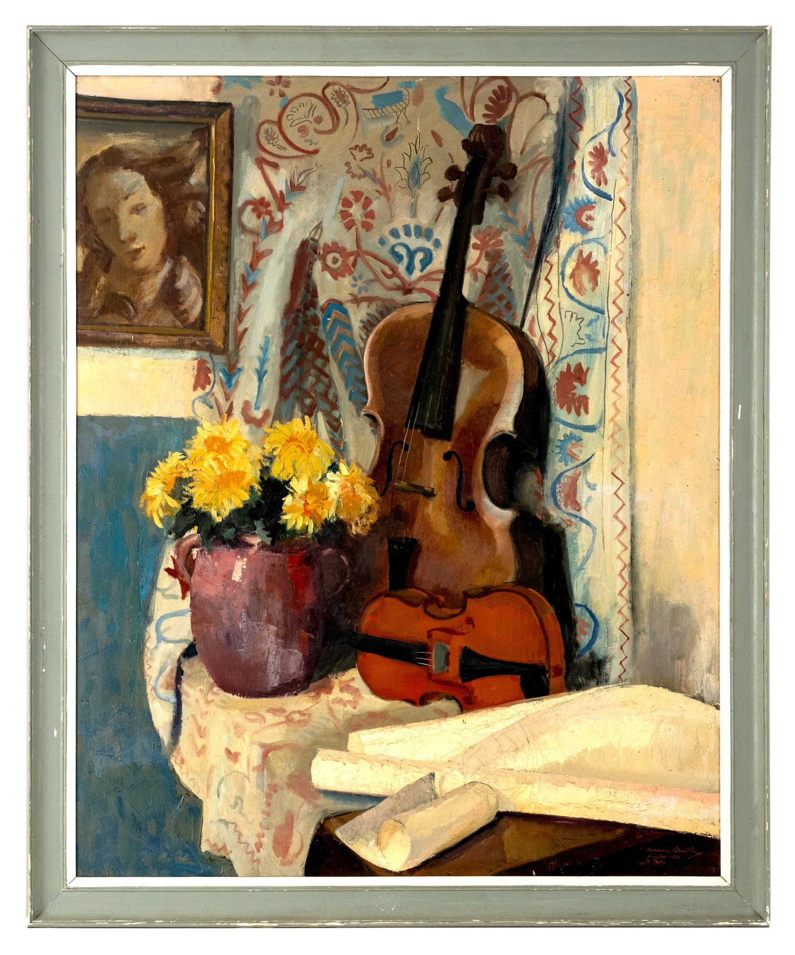 No Reserve: Maurice Cantini or Continy Signed Paris 1937 Still Life with Violin Oil Painting (1 of 6)