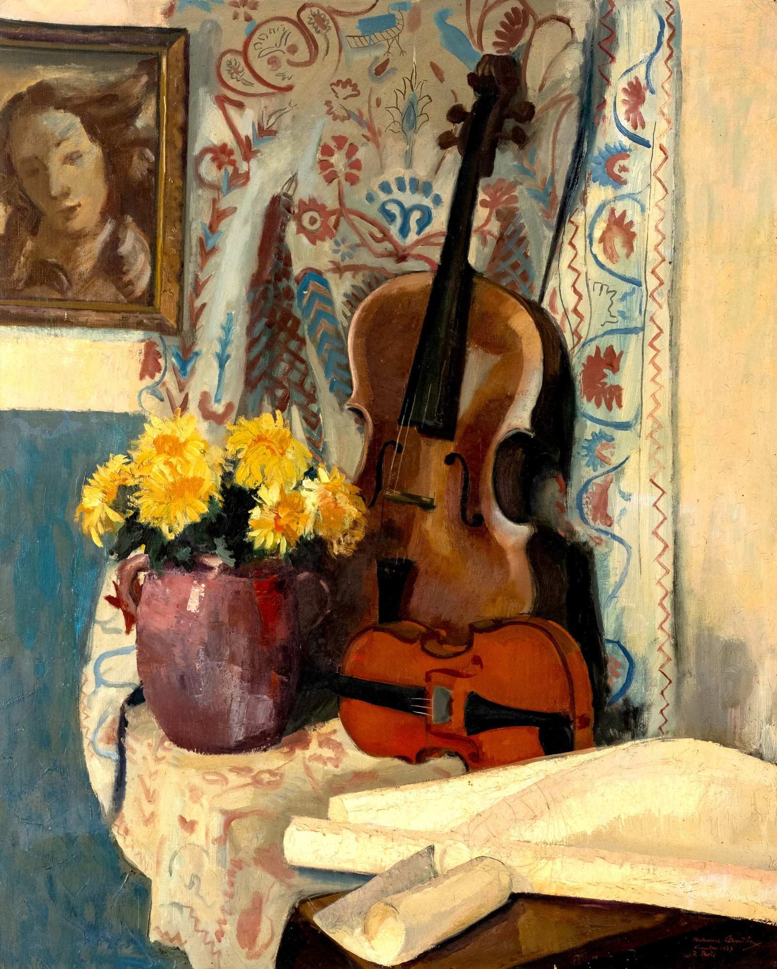 No Reserve: Maurice Cantini or Continy Signed Paris 1937 Still Life with Violin Oil Painting - 2