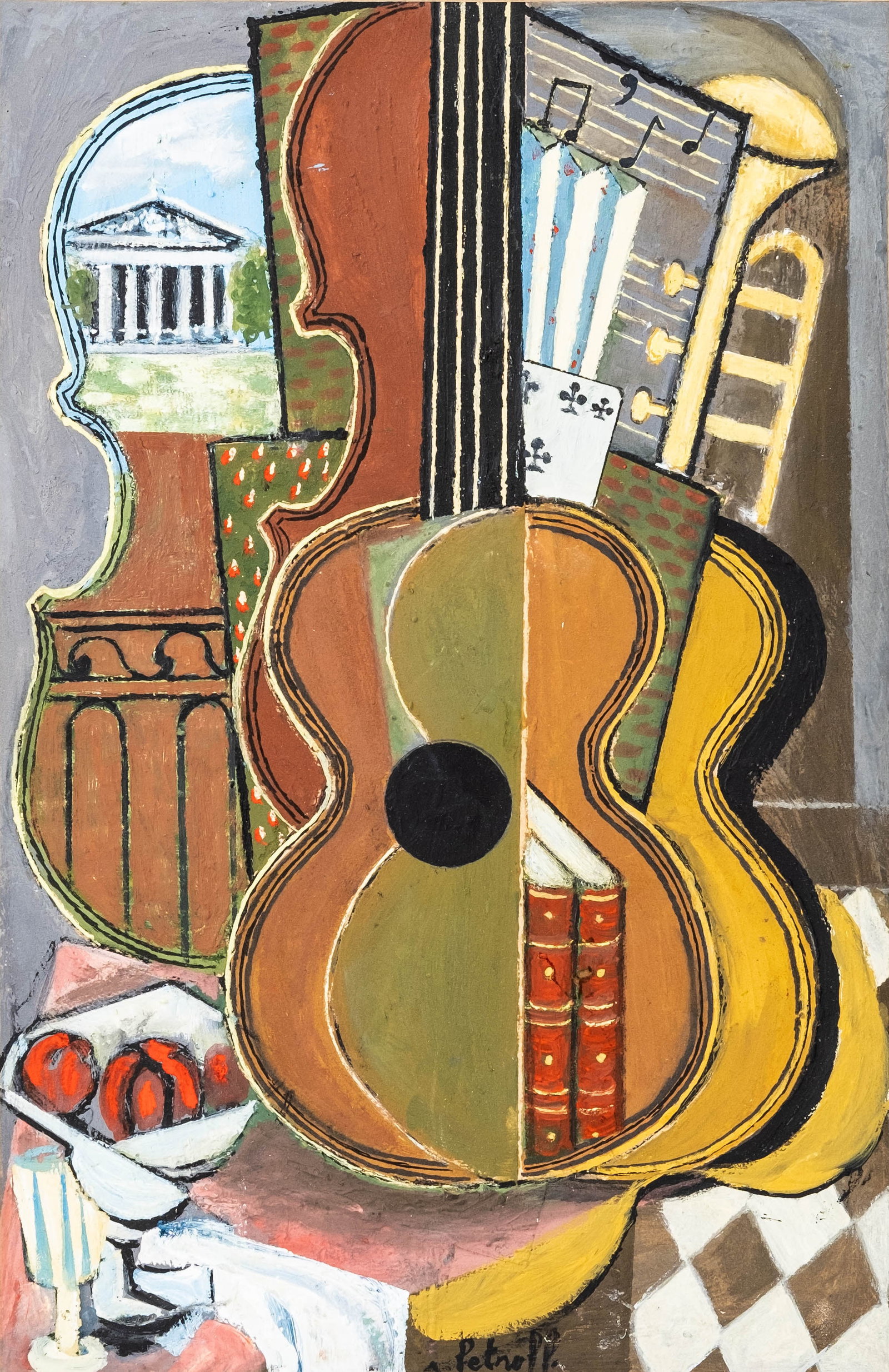 No Reserve: Constantin Petroff Signed Modernist Guitar Still Life Oil Painting (1 of 8)