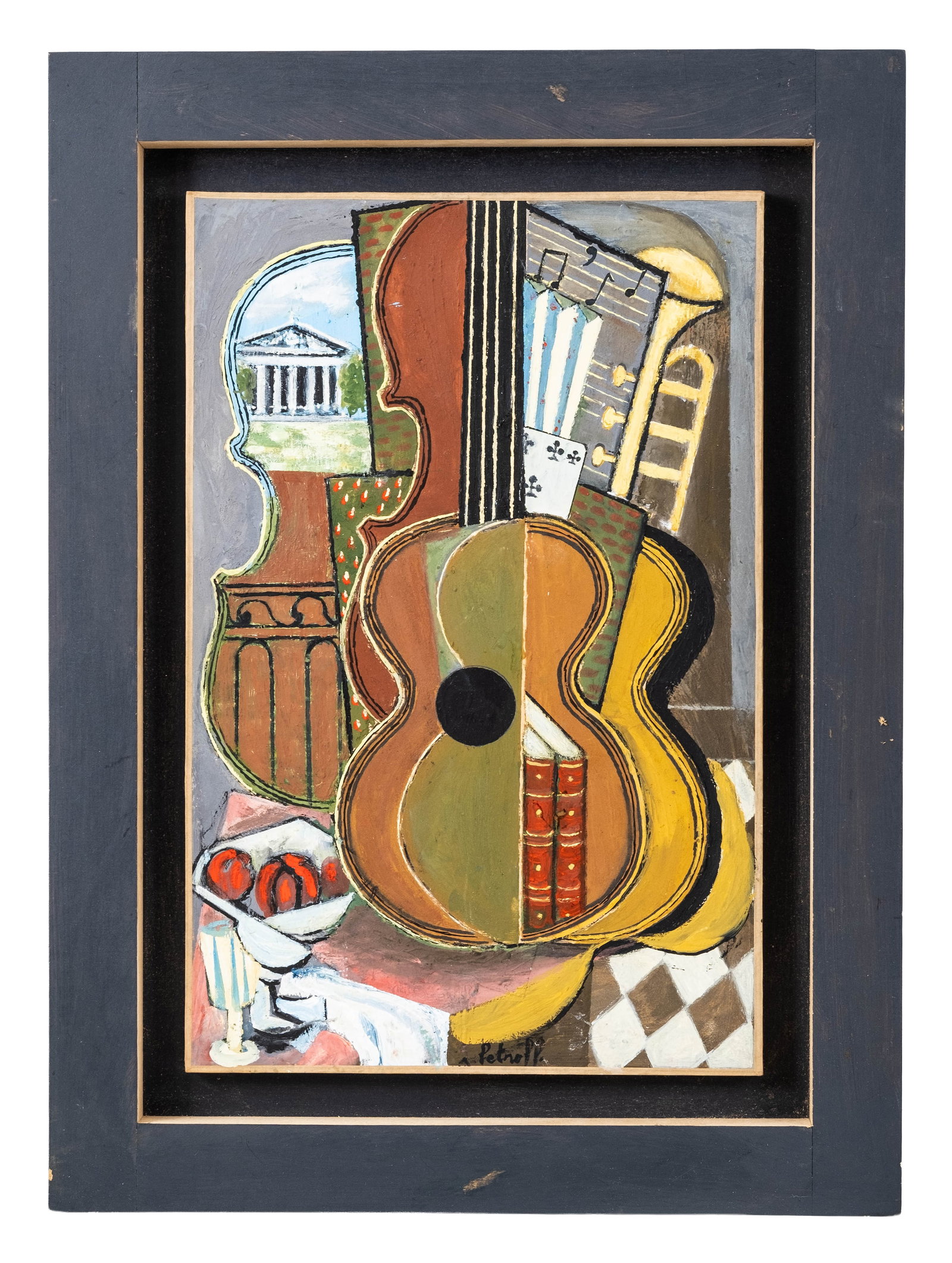 No Reserve: Constantin Petroff Signed Modernist Guitar Still Life Oil Painting - 3
