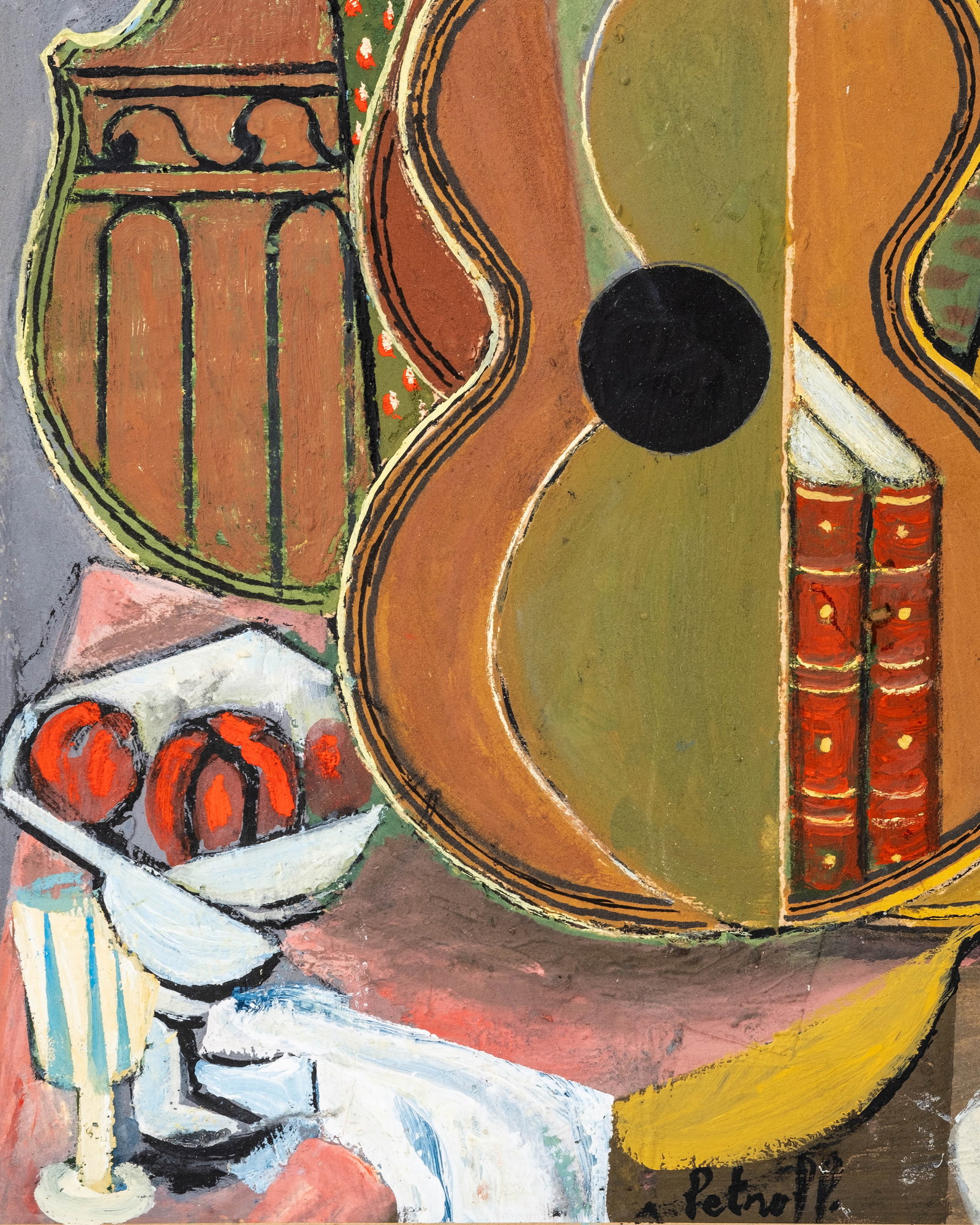 No Reserve: Constantin Petroff Signed Modernist Guitar Still Life Oil Painting - 7