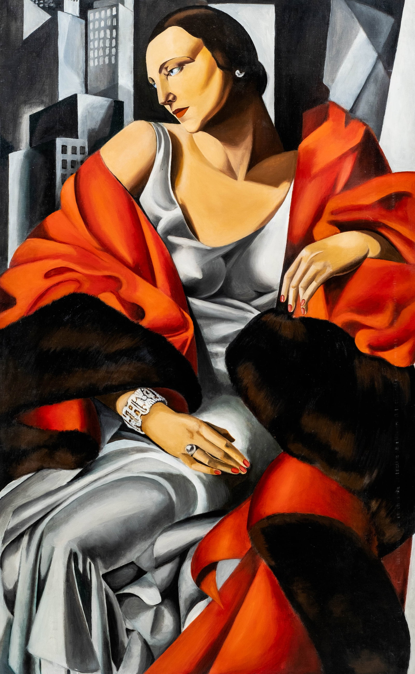 No Reserve: In The Style Of Tamara de Lempicka 'Madame Boucard' Art Deco Oil Painting: Keywords: Art Deco, Polish Art, French Art, Portrait, Female Portrait, Society Portrait, Modernism, Cubism, 1920s Style, 1930s Style, Paris, Tamara De Lempicka Summary: In the style of Tamara de Lempi