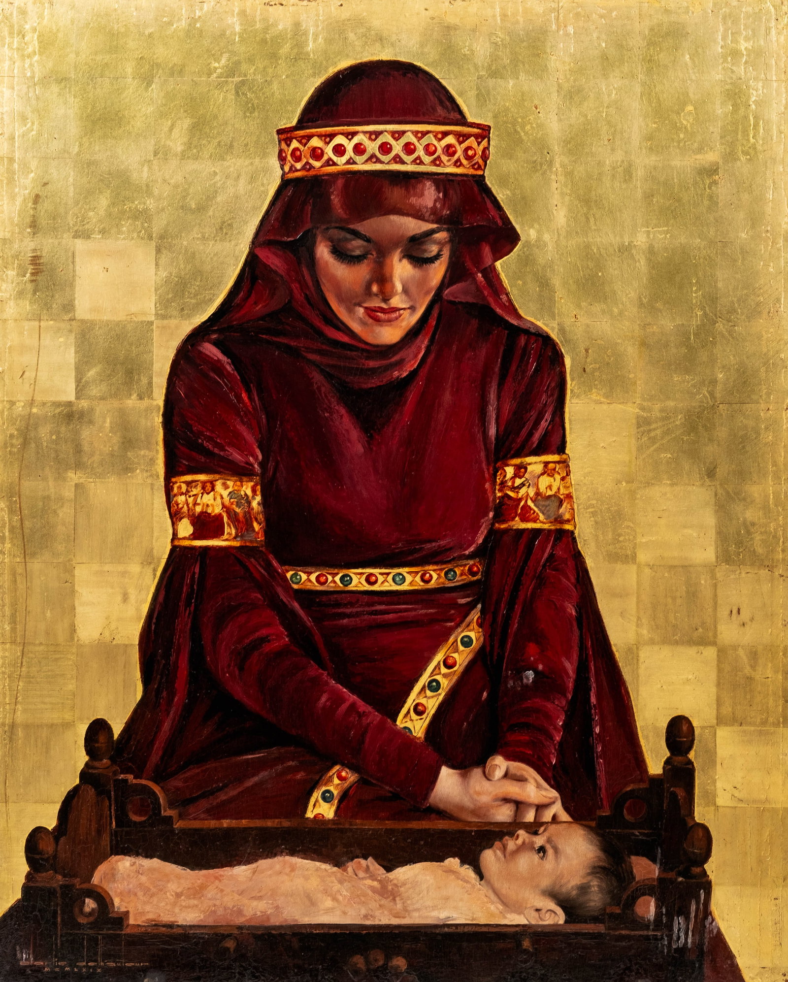 Charles Delhauteur Signed 1919 Mother And Child Oil Painting: Keywords: Belgian Art, Mother And Child, Renaissance Revival, Medieval Revival, Noblewoman, Figurative Art, Gold Ground, Symbolist, Historicism, Early 20th Century Summary: Charles Delhauteur, 1919, o