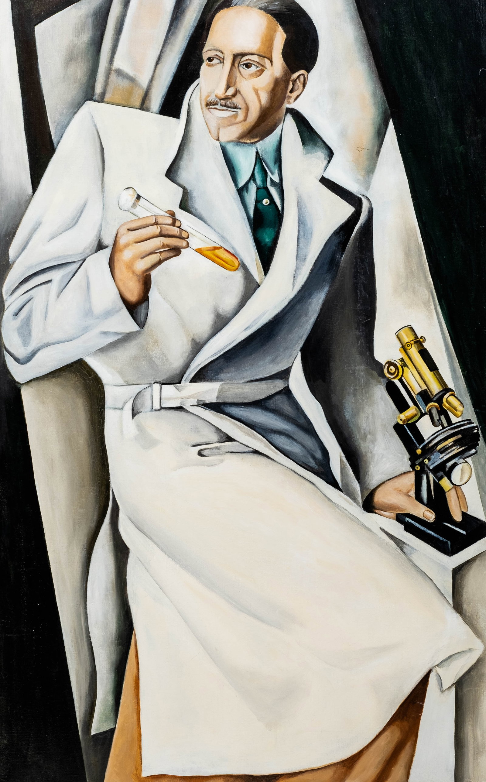 No Reserve: In The Style Of Tamara de Lempicka 'Monsieur Boucard' Art Deco Oil Painting: Keywords: Art Deco, Polish Art, French Art, Male Portrait, Society Portrait, Modernism, Cubism, Doctor, Scientist, Microscope, Paris, 1920s Style, 20th Century Art Summary: In the style of Tamara de L