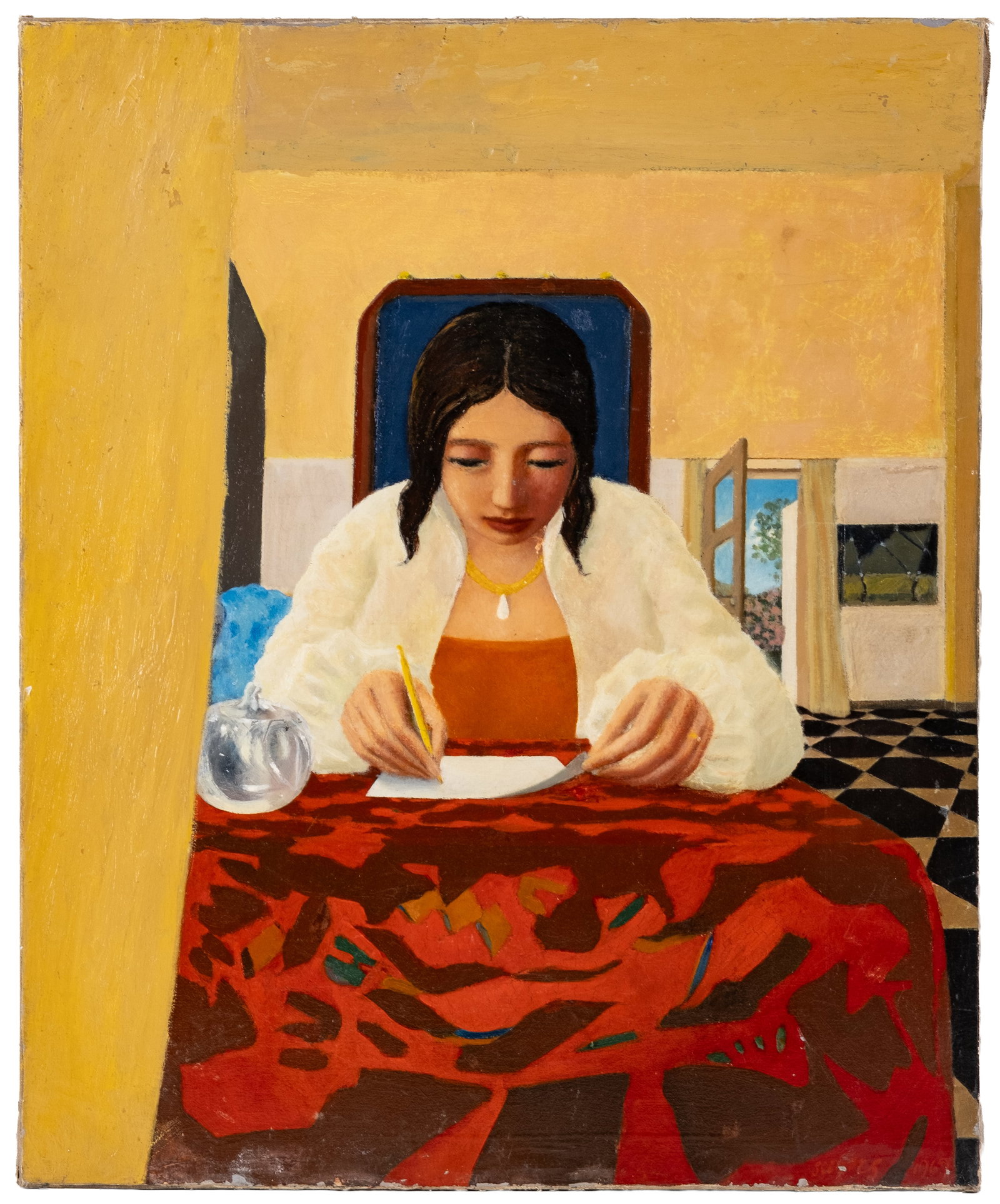 No Reserve: Mystery Artist Signed 'Woman Writing a Letter' Oil Painting, 1969: Keywords: Figurative Art, Female Figure, Woman Writing, Interior Scene, Modernist, Mid-Century Modern, European Art, Figurative Painting, 1960s Art, Oil On Canvas, Signed Painting Summary: Mystery Art