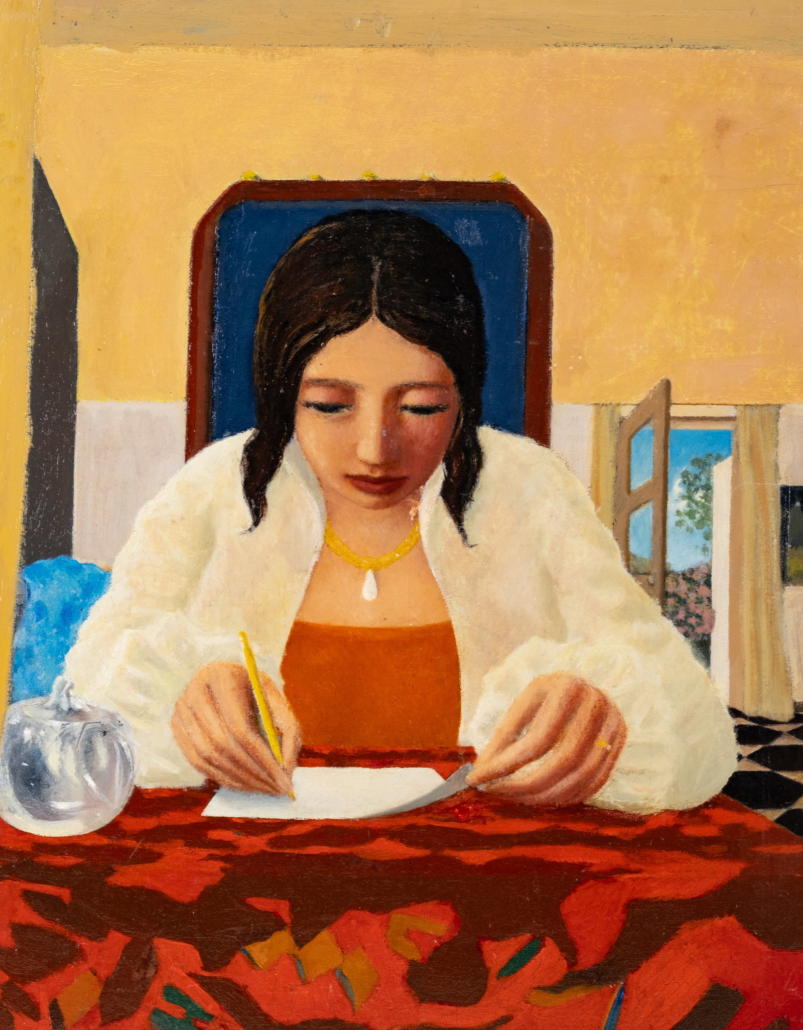 No Reserve: Mystery Artist Signed 'Woman Writing a Letter' Oil Painting, 1969 - 3