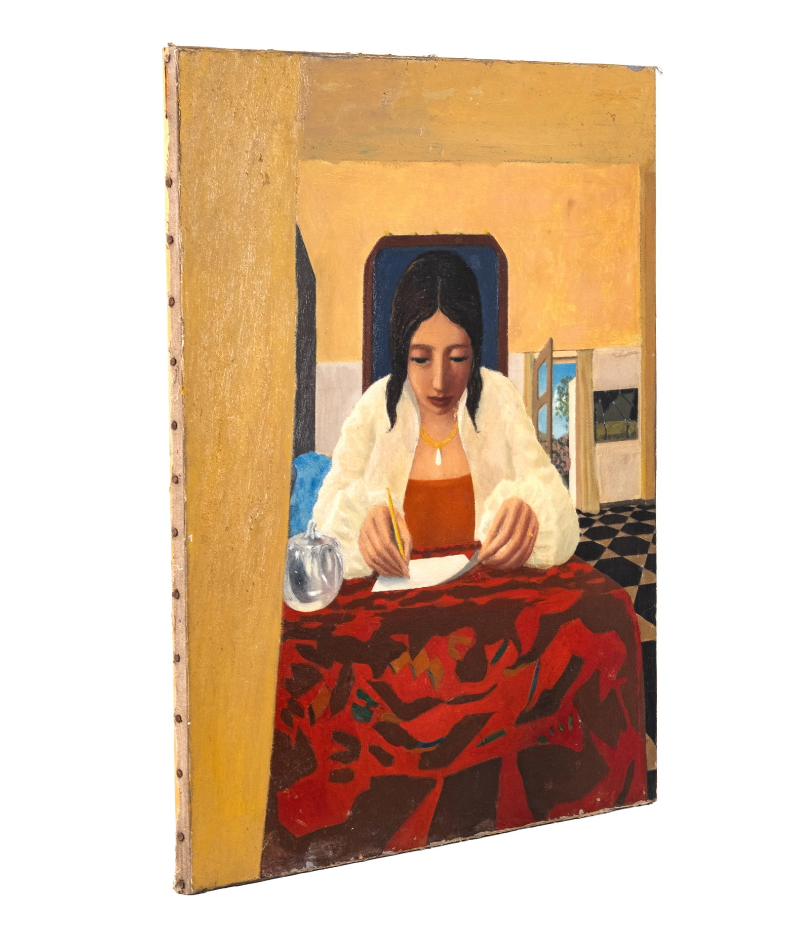 No Reserve: Mystery Artist Signed 'Woman Writing a Letter' Oil Painting, 1969 - 5
