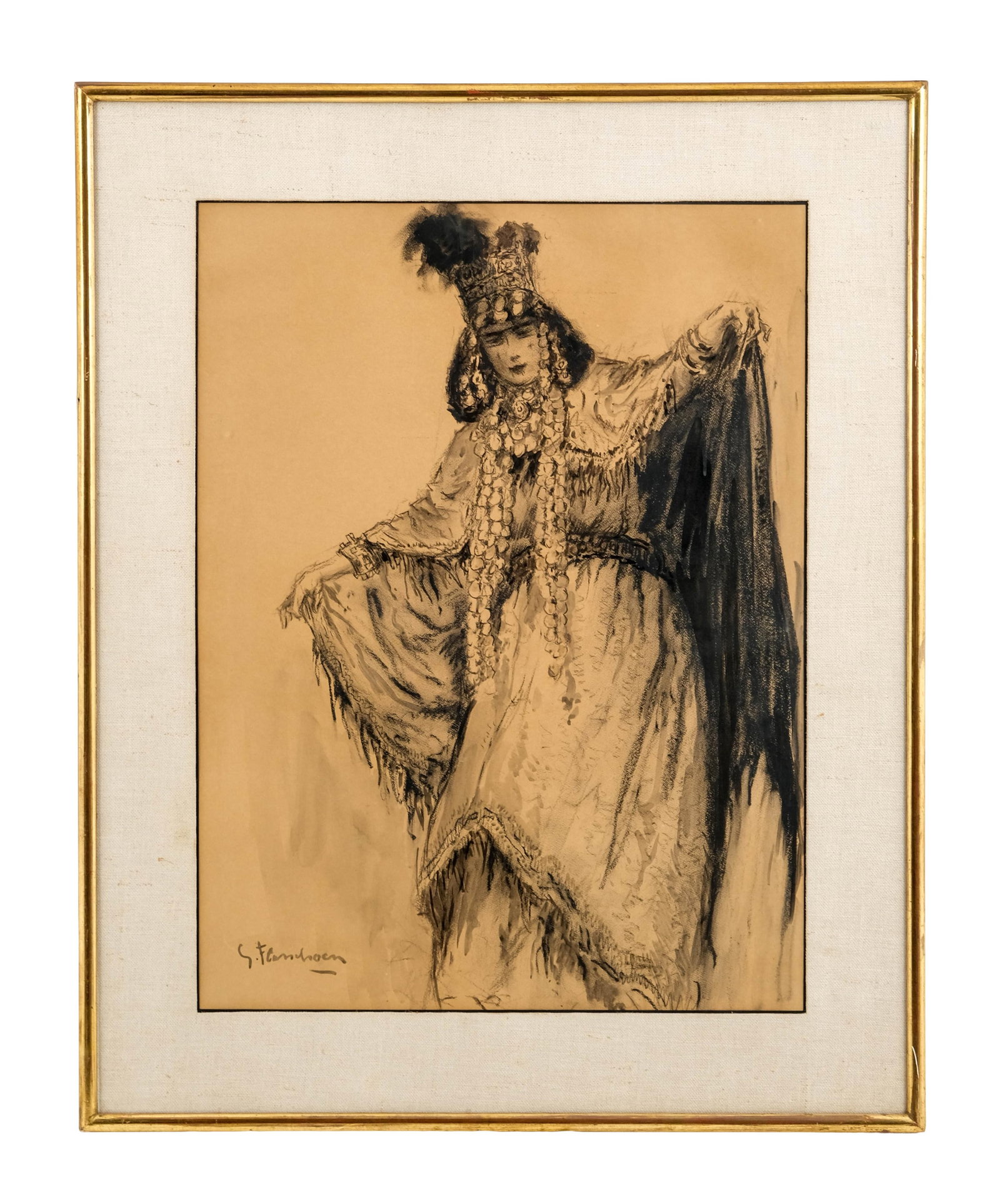No Reserve: Gustave Flasschoen Art Nouveau Large Charcoal & Watercolor Painting, on Paper Signed: Keywords: Belgian artist, Art Nouveau, Art Deco era, early 20th century, charcoal and ink wash on paper, figure study, dancer, orientalist costume, European works on paper, fine art drawing, wall art,
