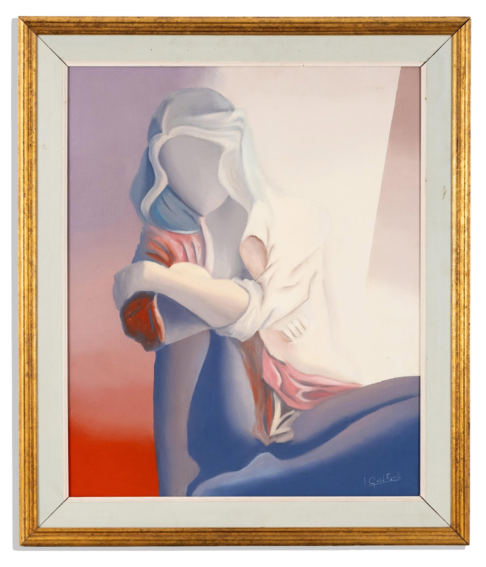Louis Goldfarb, 'Red Blouse', Signed Figurative Painting, Dated 1980: Keywords: Surrealism, Symbolist, Contemporary Art, Fine Art painting, Belgium Artist, Flemish Modern Summary: Louis Goldfarb signed surrealist modern figurative painting depicting a seated female