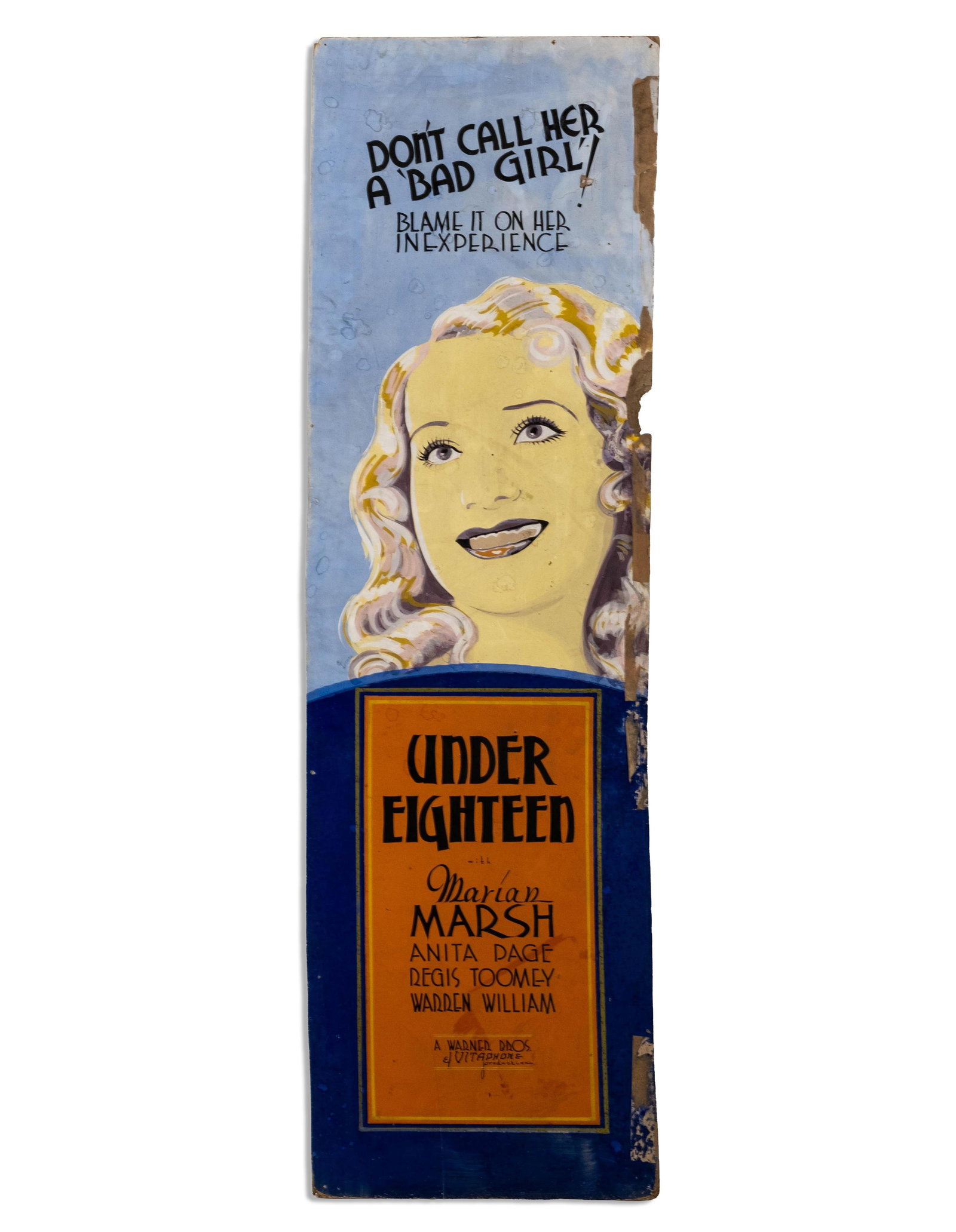 1931 Hand-Painted Under Eighteen Movie Poster, Gouache on Board Painting: Keywords: Marian Marsh, Pre-Code Hollywood, 1930s Film Advertising, Theater Display Sign, Art Deco Typography, Early Sound Era Cinema, MGM Style Promotion, Hollywood Ephemera, Hudson New York Estate, 