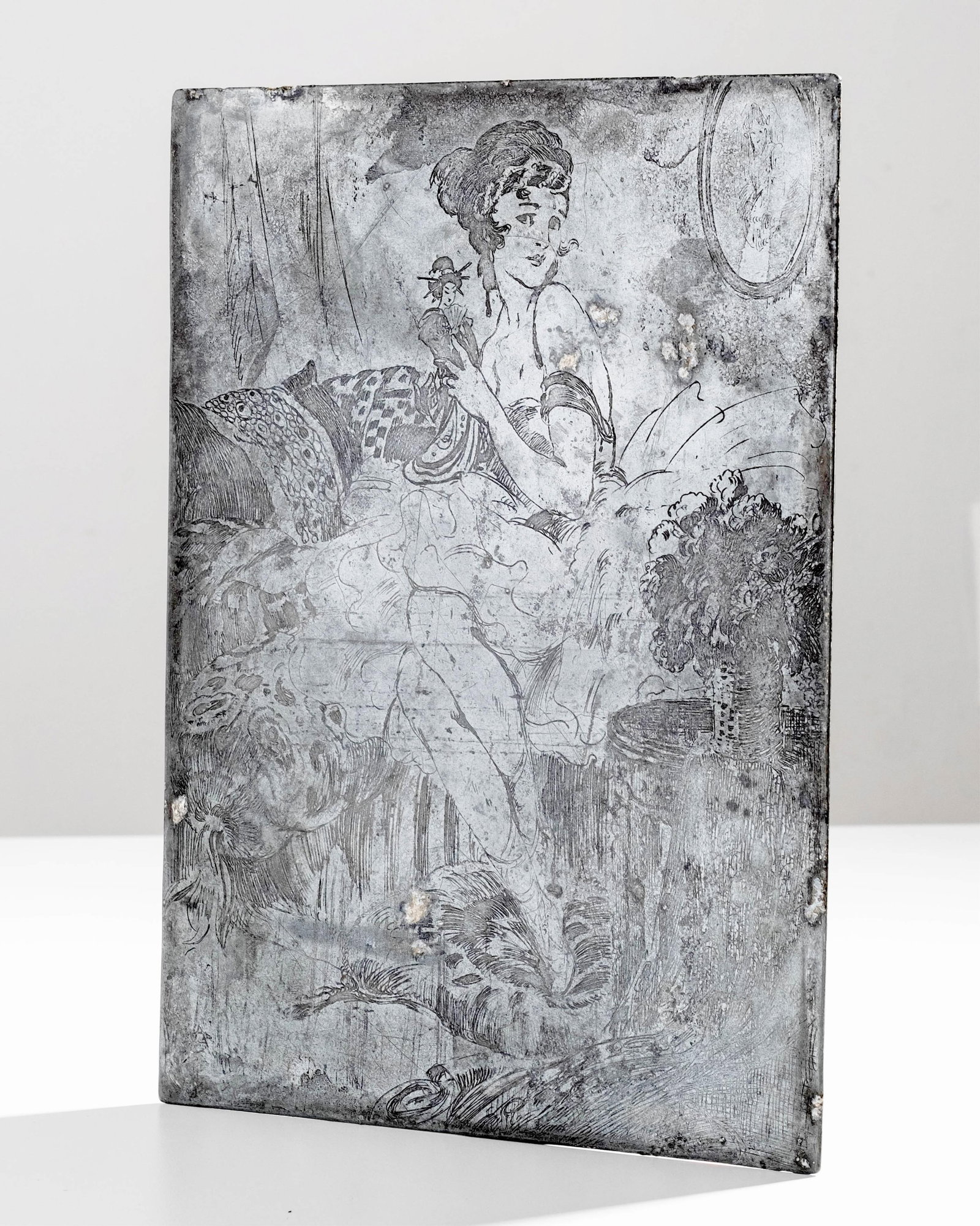 No Reserve: Alfred Stevens Zinc Etching Plate, Reclining Lady, Signed with Monogram 'A.S.': Keywords: Belle Époque, Art Nouveau, zinc intaglio plate, eau-forte matrix, Parisian interior, boudoir scene, femme élégante, nineteenth century printmaking, illustrator’s plate, decorative arts 