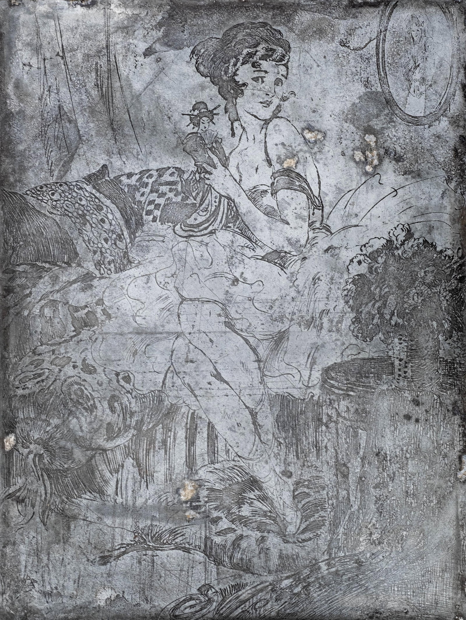 No Reserve: Alfred Stevens Zinc Etching Plate, Reclining Lady, Signed with Monogram 'A.S.' - 2