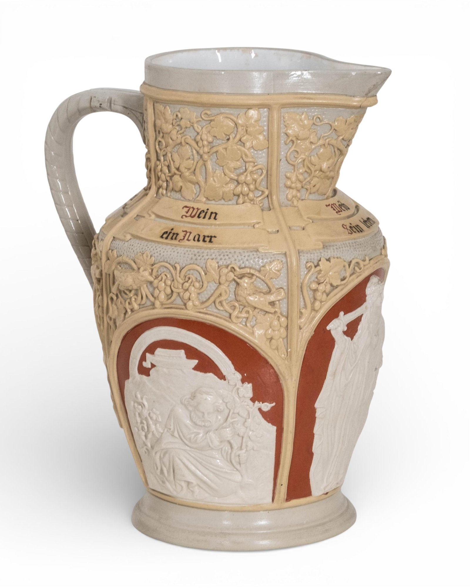 No Reserve: Villeroy & Boch Mettlach Stoneware Relief Pitcher, Circa 1890: Keywords: Neo-Gothic style, intricate relief, 19th century design, German heritage, beer mugs Summary: A finely modeled 19th-century Villeroy & Boch Mettlach stoneware jug featuring a cream and terra-
