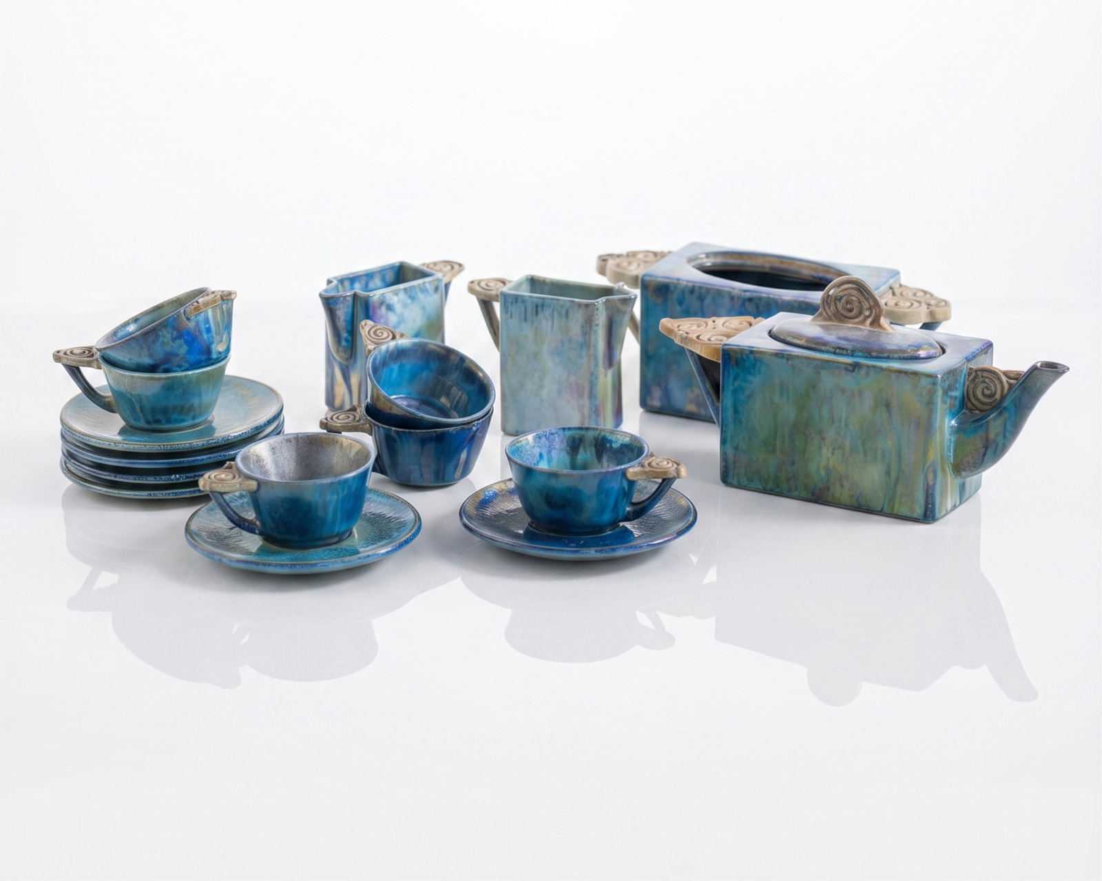 Leon Leyritz, Glazed Stoneware Art Pottery Tea Set, Signed: Keywords: Art Deco ceramics, French Modernist pottery, French studio ceramics, mid-century modern, modernist design, 20th century, vintage tableware, ceramic service, cups and saucers, sugar bowl, cre