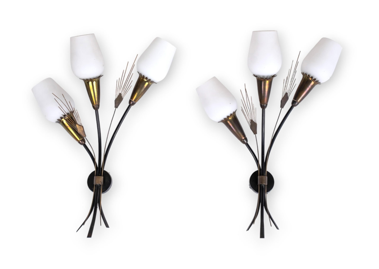 No Reserve: Pair of Italian Design Mid-Century Modern Wall Lighting Brass and Milk Glass Sconces, (1 of 4)