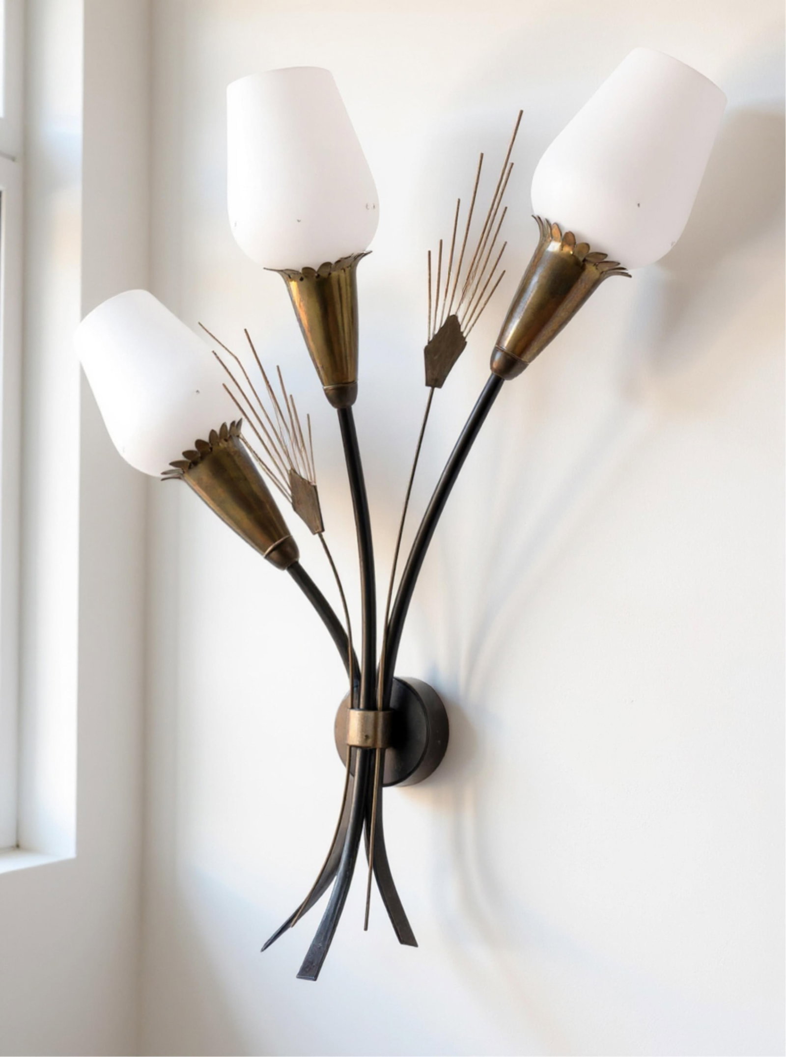 No Reserve: Pair of Italian Design Mid-Century Modern Wall Lighting Brass and Milk Glass Sconces, - 2