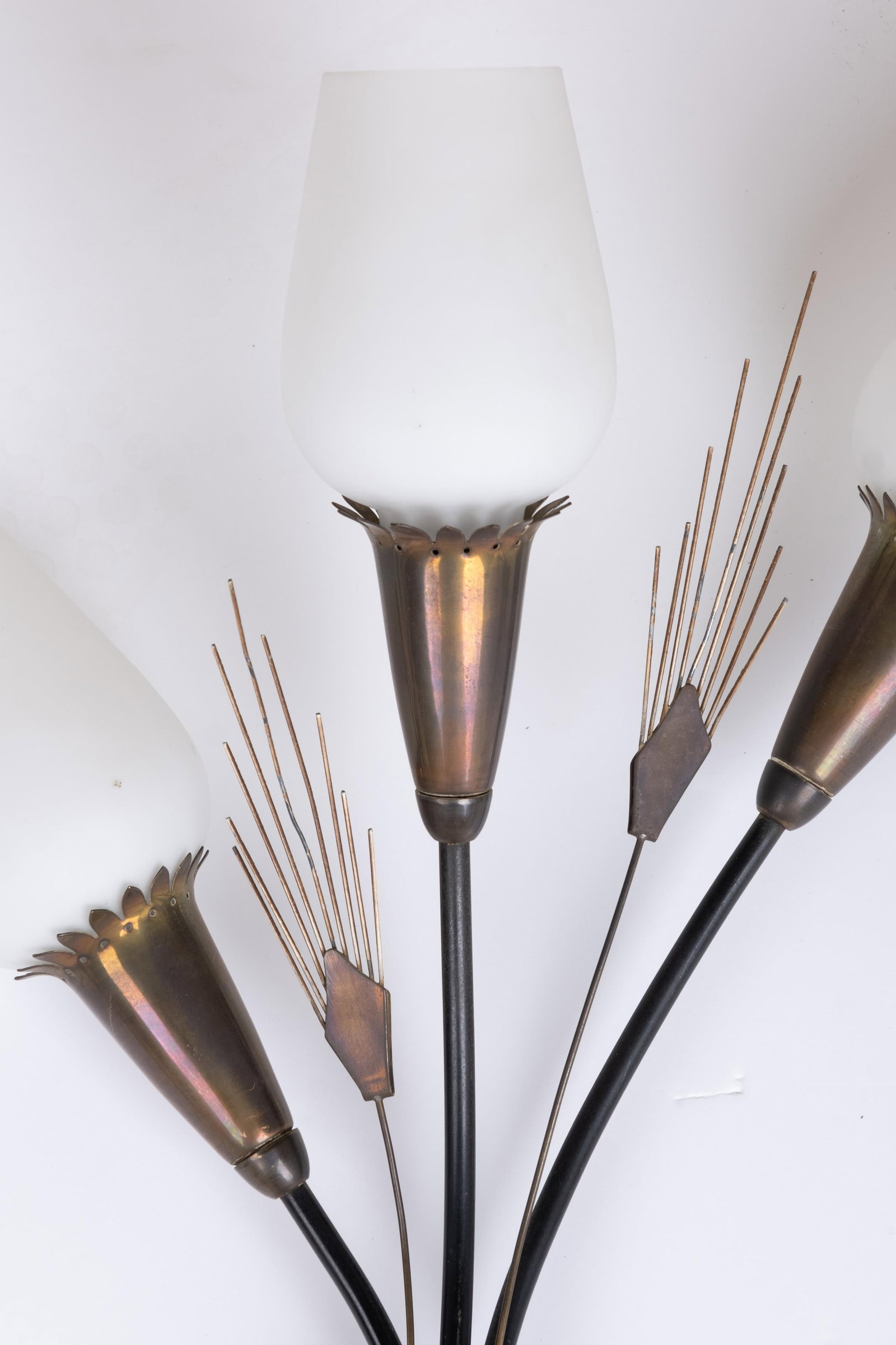No Reserve: Pair of Italian Design Mid-Century Modern Wall Lighting Brass and Milk Glass Sconces, - 4