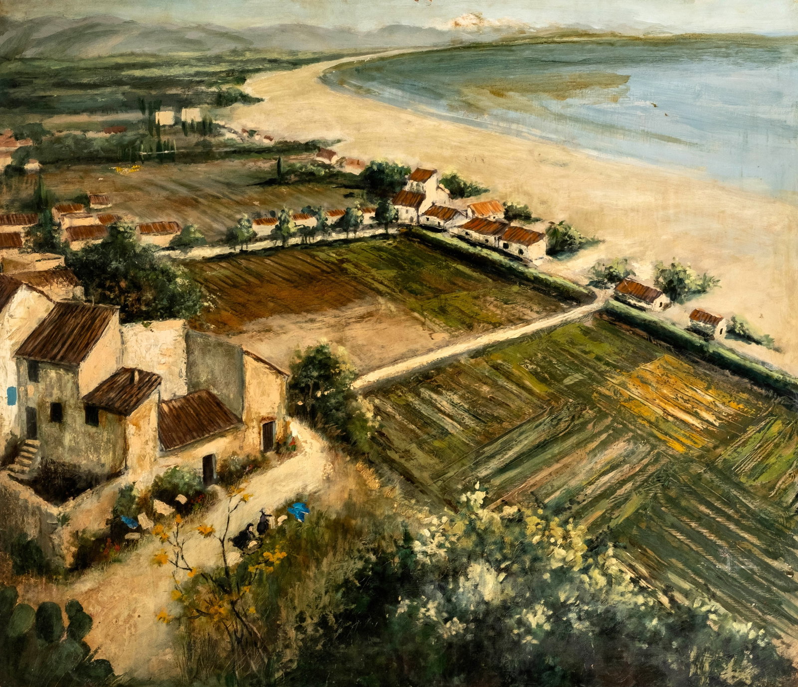 No Reserve: Large Coastal Village Beach Landscape Painting, Early 20th Century (1 of 9)