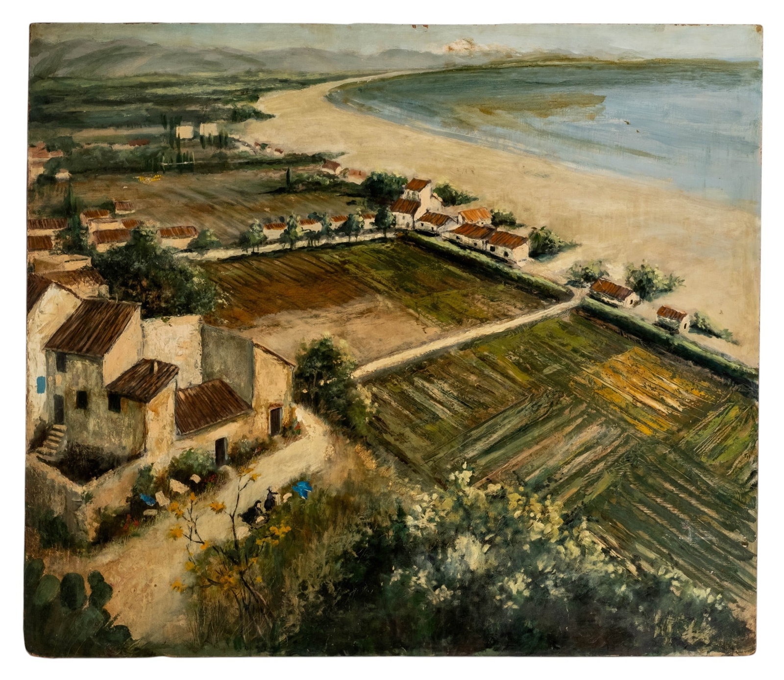 No Reserve: Large Coastal Village Beach Landscape Painting, Early 20th Century - 3