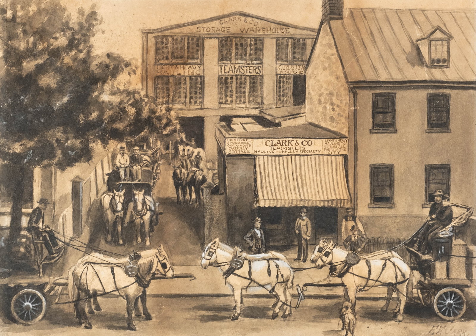 No Reserve: Signed Clark & Co. Teamsters Storage Warehouse Watercolor Painting early 20th century - 2