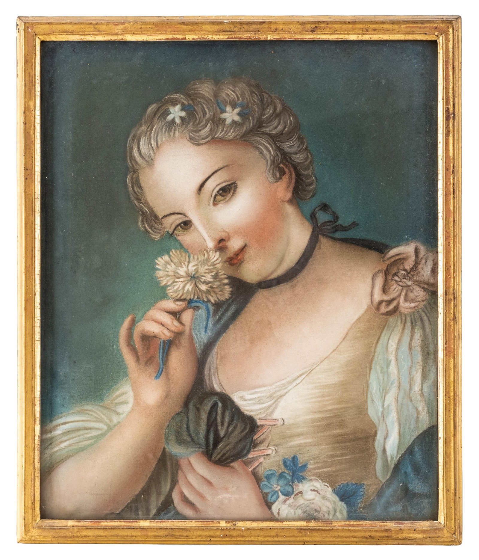 No Reserve: French School 18th - early 19th Century Portrait of a Young Woman with Flower Pastel (1 of 7)