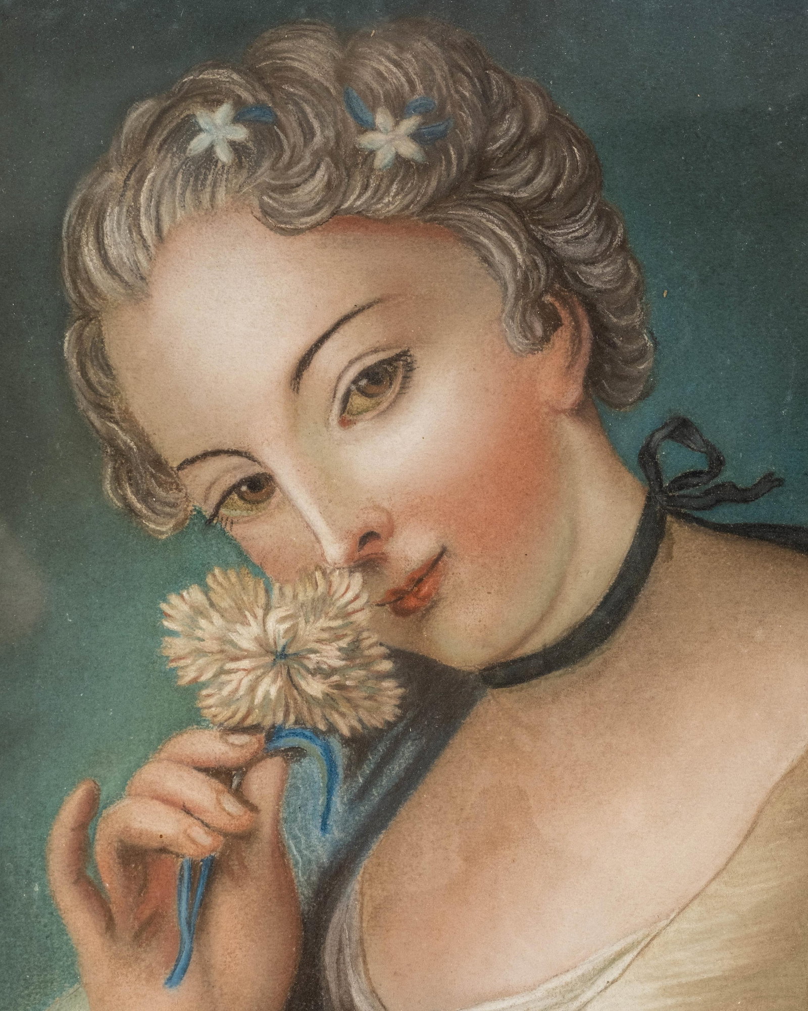 No Reserve: French School 18th - early 19th Century Portrait of a Young Woman with Flower Pastel - 3