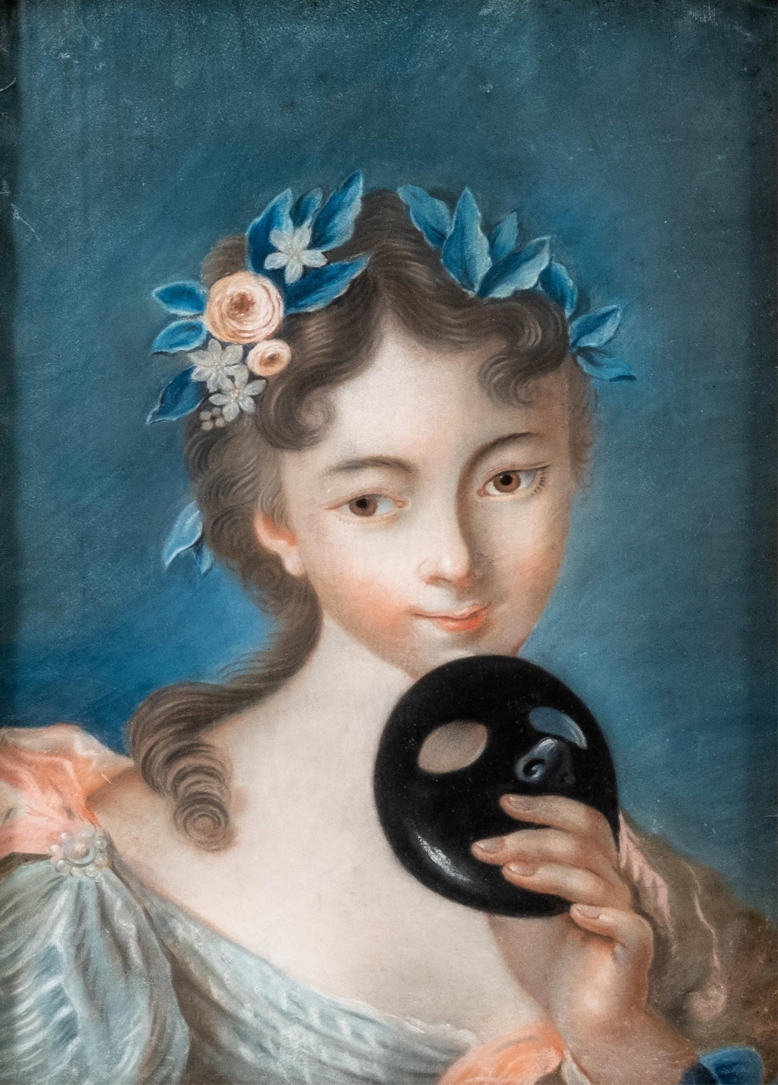 French School Pastel Portrait of a Young Woman with Mask, Circa 1800 - 2
