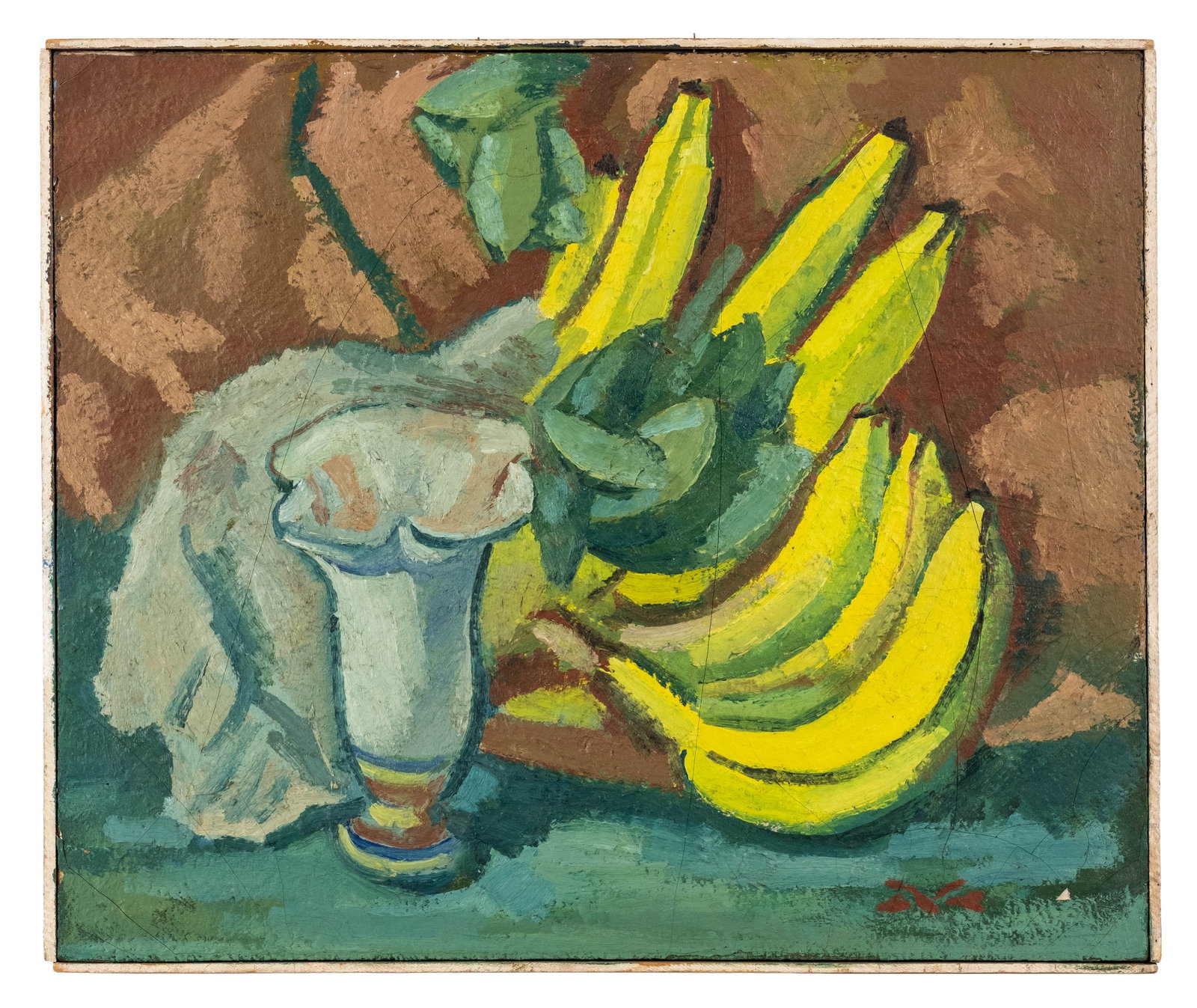 No Reserve: Mystery Artist: Monogrammed Modernist Still Life With Bananas, Oil Painting - 3