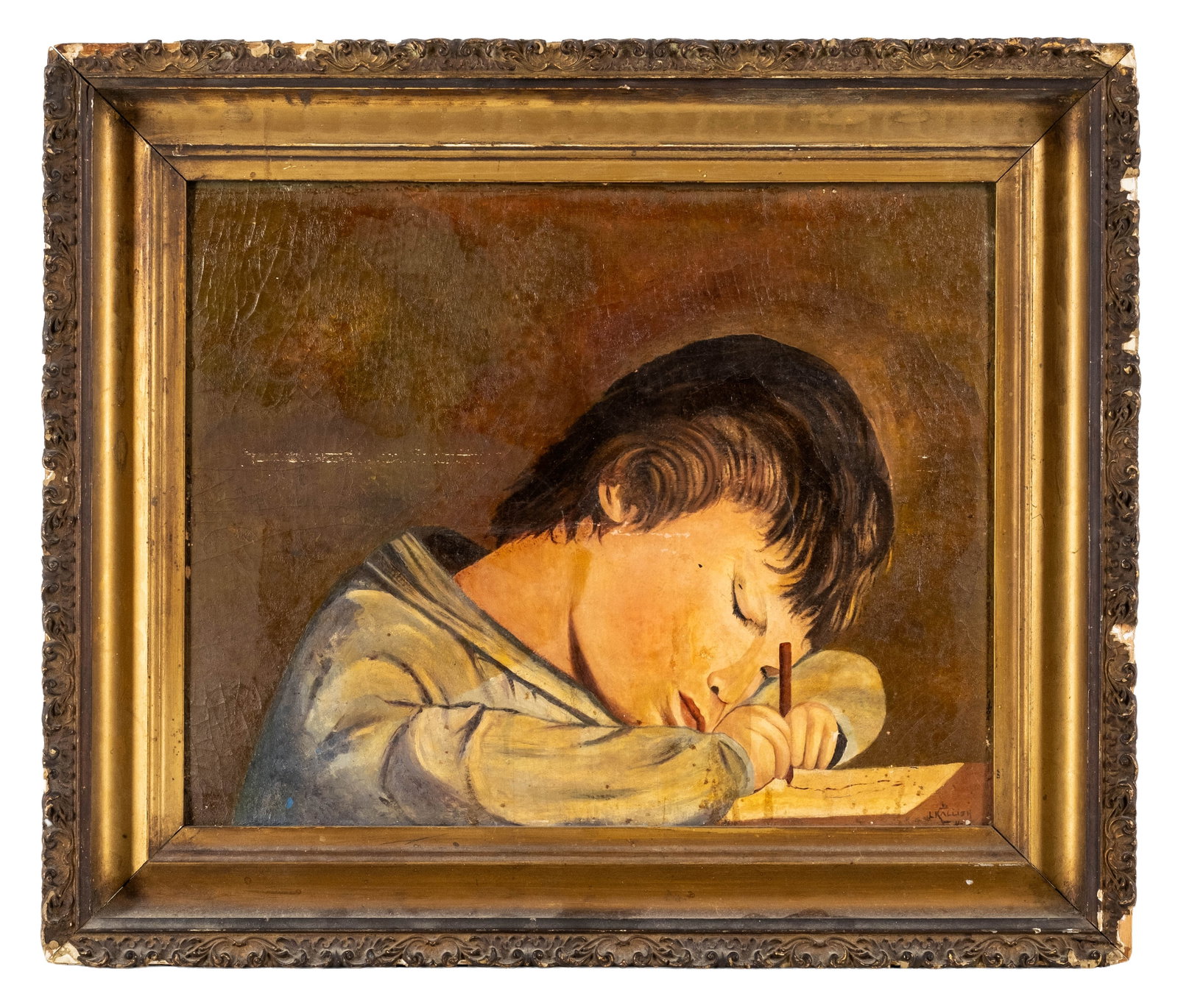 No Reserve: Kallish Signed Child Writing Oil Painting on Board: Keywords: Portraiture, Child Portrait, Schoolwork, Writing, Figurative Art, Genre Scene Summary: Oil painting on board depicting a young child seated at a desk and concentrating on a writing exercise.