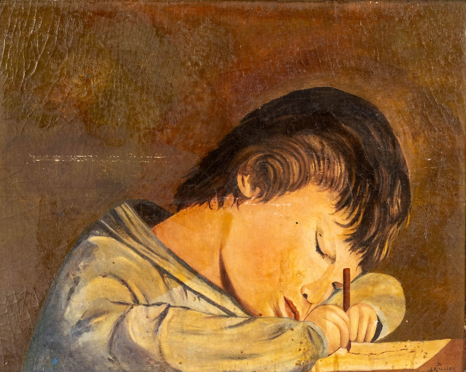 No Reserve: Kallish Signed Child Writing Oil Painting on Board - 2