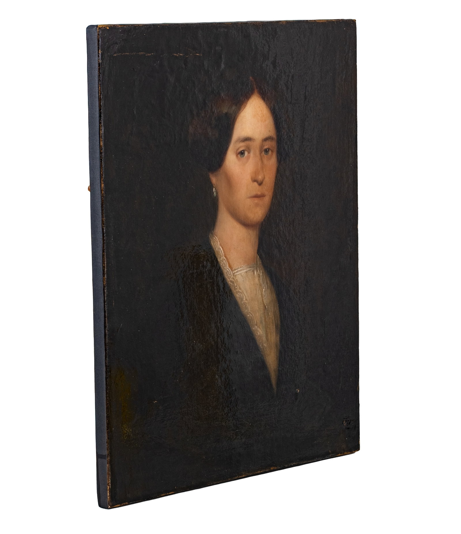 No Reserve: French School 19th Century Portrait of a Woman with Blue Eyes Oil Painting - 3