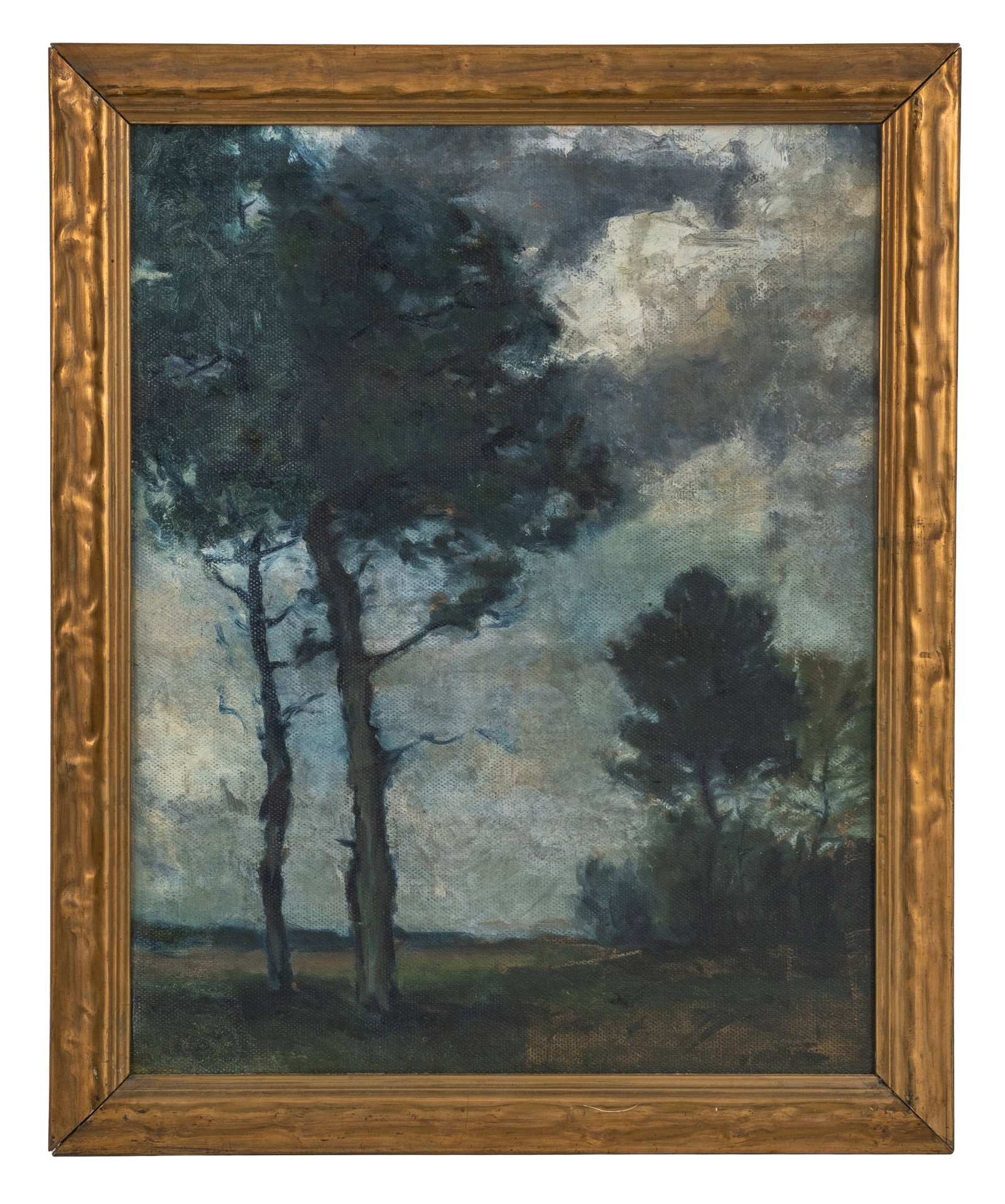 No Reserve: Tonalist Pine Landscape Under Cloudy Sky, Oil on Hardboard Painting: Keywords: Tonalism, Landscape, Pine Trees, Woodland, Forest, Stormy Sky, Cloudscape, Rural Landscape, Nature, Atmospheric, European School, Barbizon Influence Summary: Tonalist landscape painting depi