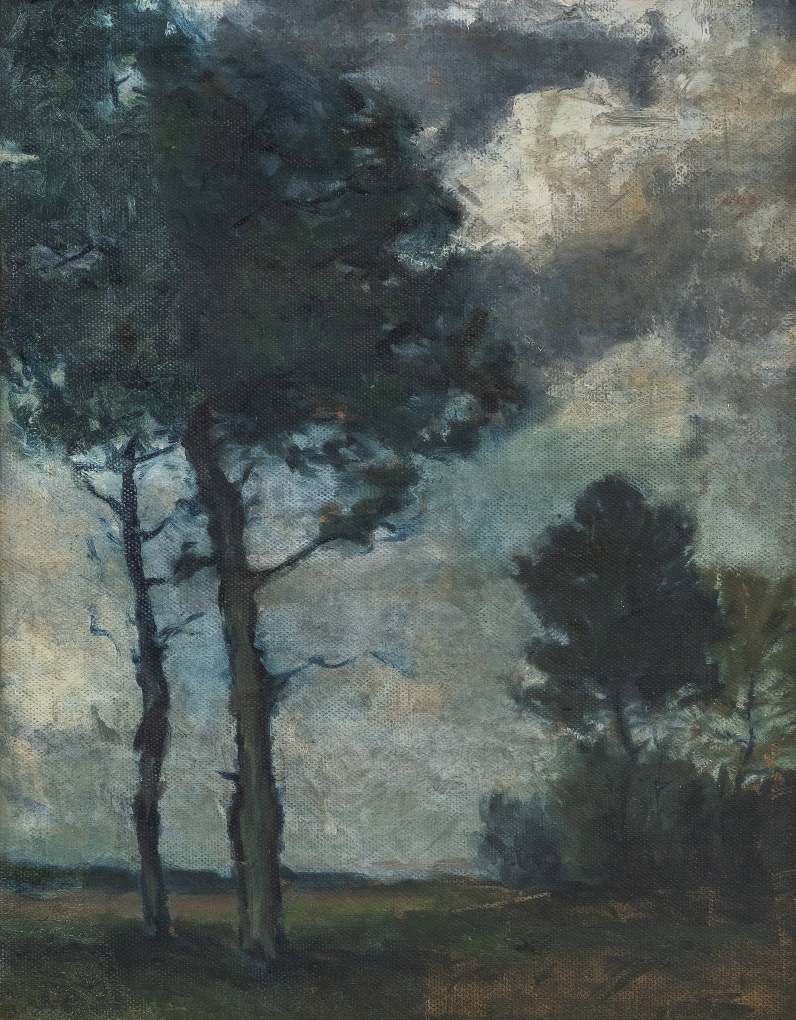 No Reserve: Tonalist Pine Landscape Under Cloudy Sky, Oil on Hardboard Painting - 4