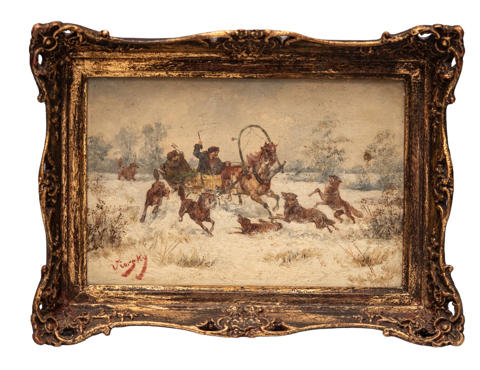 No Reserve: Alfred Steinacker - Viorsky Signed Horse-Drawn Sleigh Chased by Wolves Oil Painting (1 of 7)