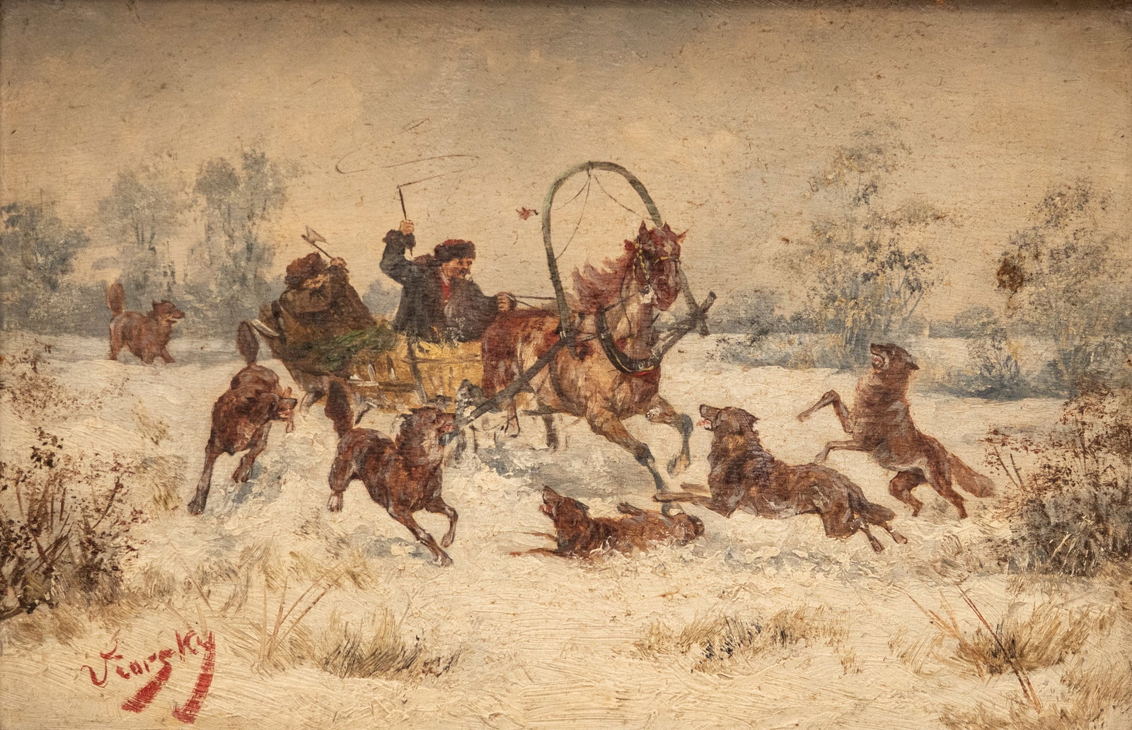 No Reserve: Alfred Steinacker - Viorsky Signed Horse-Drawn Sleigh Chased by Wolves Oil Painting - 2