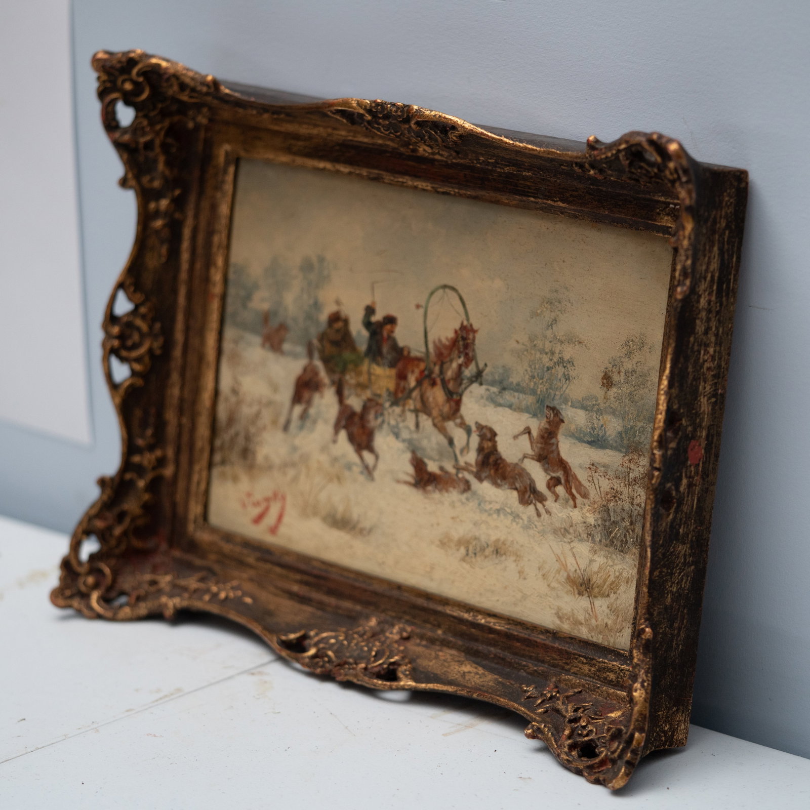 No Reserve: Alfred Steinacker - Viorsky Signed Horse-Drawn Sleigh Chased by Wolves Oil Painting - 6