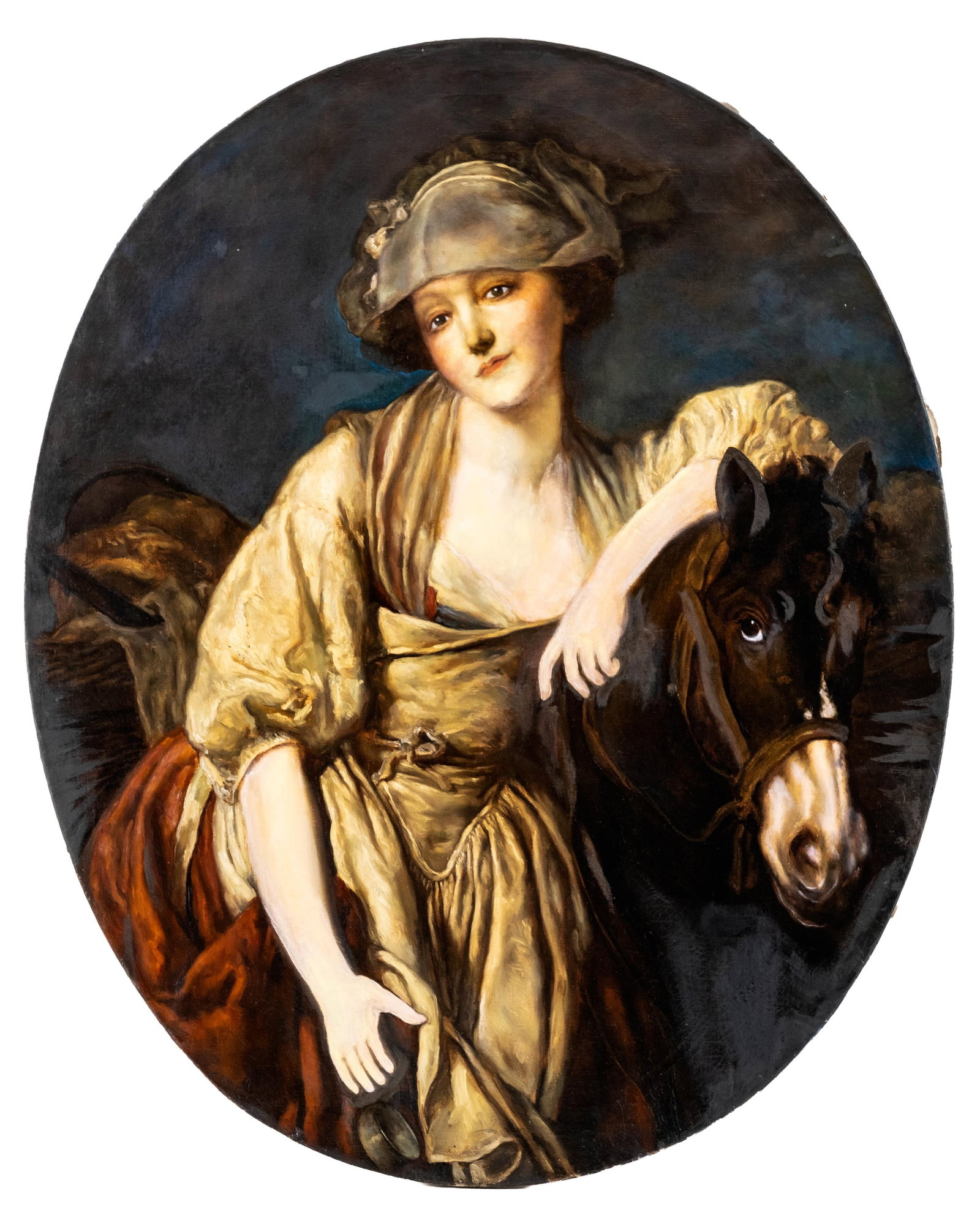 Jean-Baptiste Greuze (Style) Oval Oil on Canvas Portrait Painting, Probably 19th Century: Keywords: French School, Neoclassical, Genre Scene, Female Figure, Milkmaid, Farm Girl, Equestrian Subject, Horse, Oval Canvas, Figurative Art, 18th Century Style, European Fine Art Summary: 19th Cent