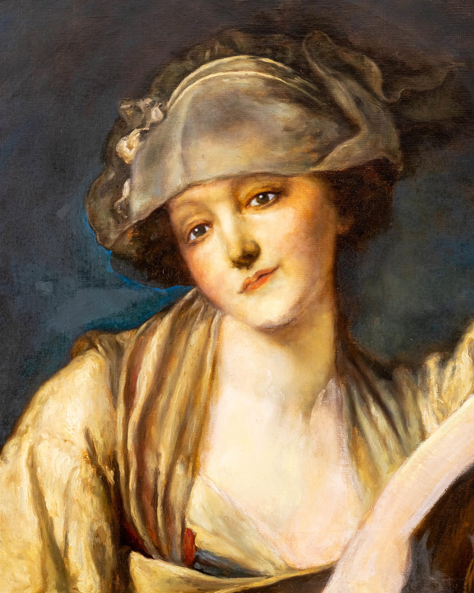 Jean-Baptiste Greuze (Style) Oval Oil on Canvas Portrait Painting, Probably 19th Century - 4