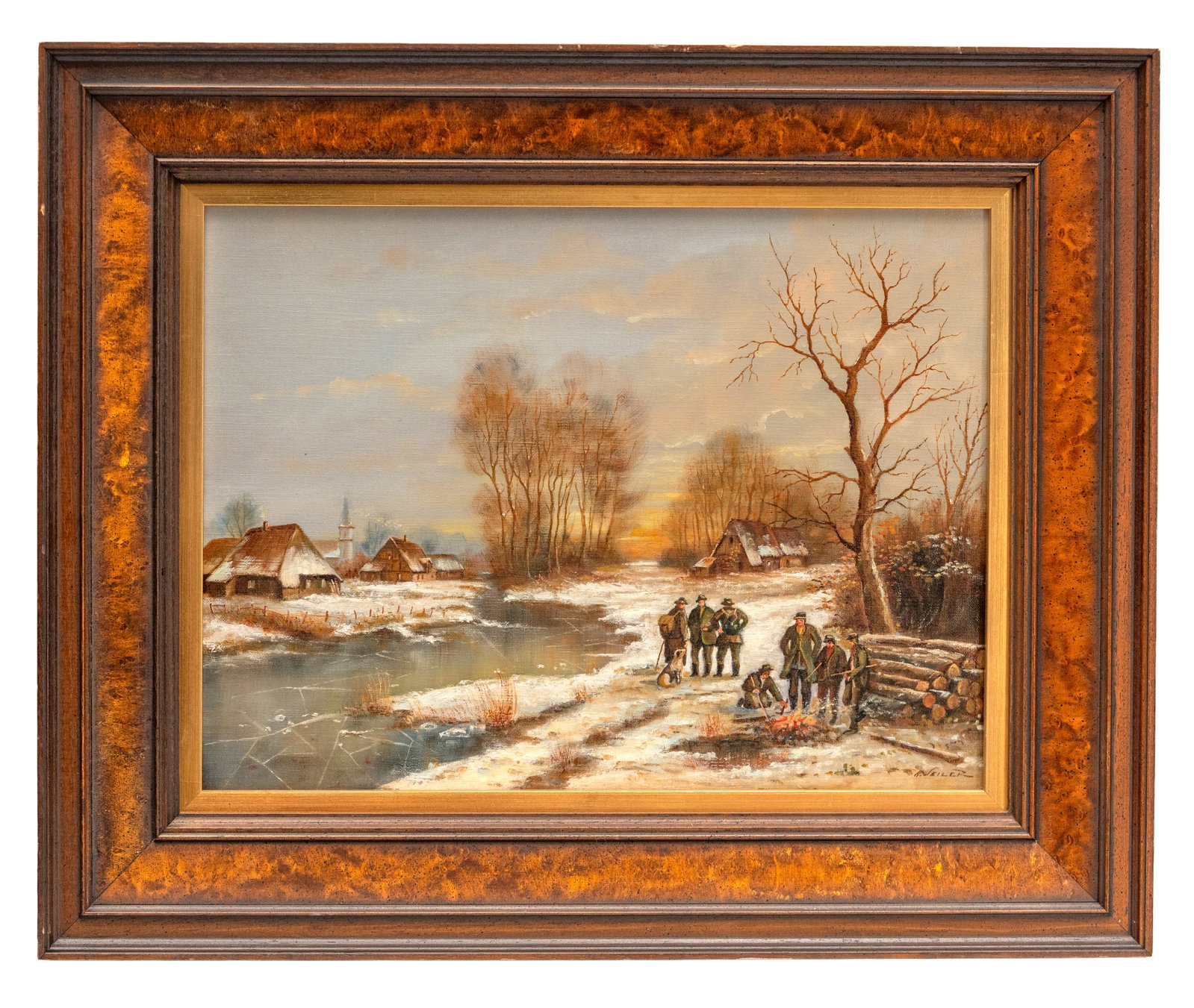 No Reserve: R. Weiler 'Winter Landscape with Hunters and Woodcutters', Oil on Canvas Painting,: Keywords: Foresters, Logging, Timber, Snow Scene, Village Landscape, Rural Landscape, European School, Genre Painting, Winter Scene, Oil On Canvas, Landscape Painting Summary: R. Weiler, oil on canvas