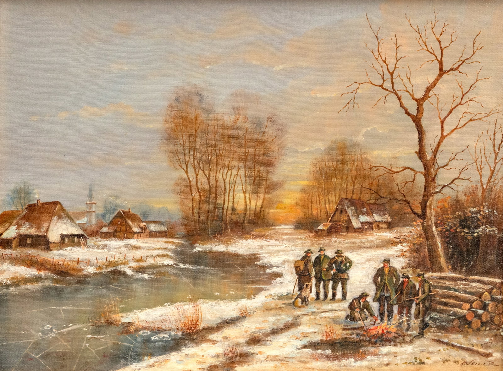 No Reserve: R. Weiler 'Winter Landscape with Hunters and Woodcutters', Oil on Canvas Painting, - 2
