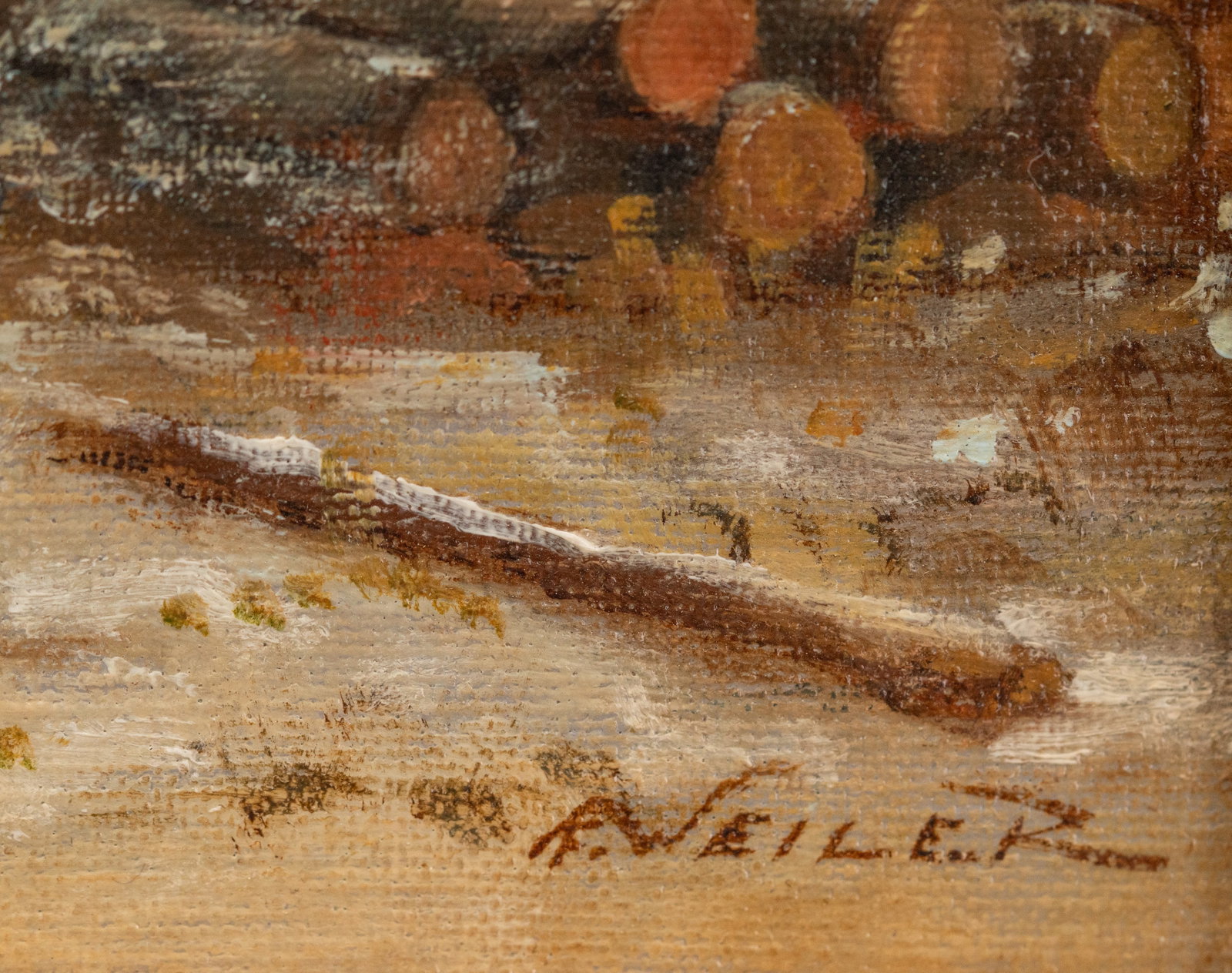 No Reserve: R. Weiler 'Winter Landscape with Hunters and Woodcutters', Oil on Canvas Painting, - 4