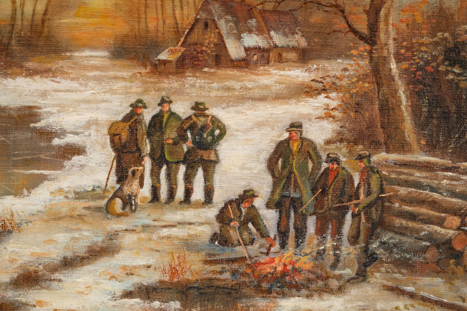 No Reserve: R. Weiler 'Winter Landscape with Hunters and Woodcutters', Oil on Canvas Painting, - 6