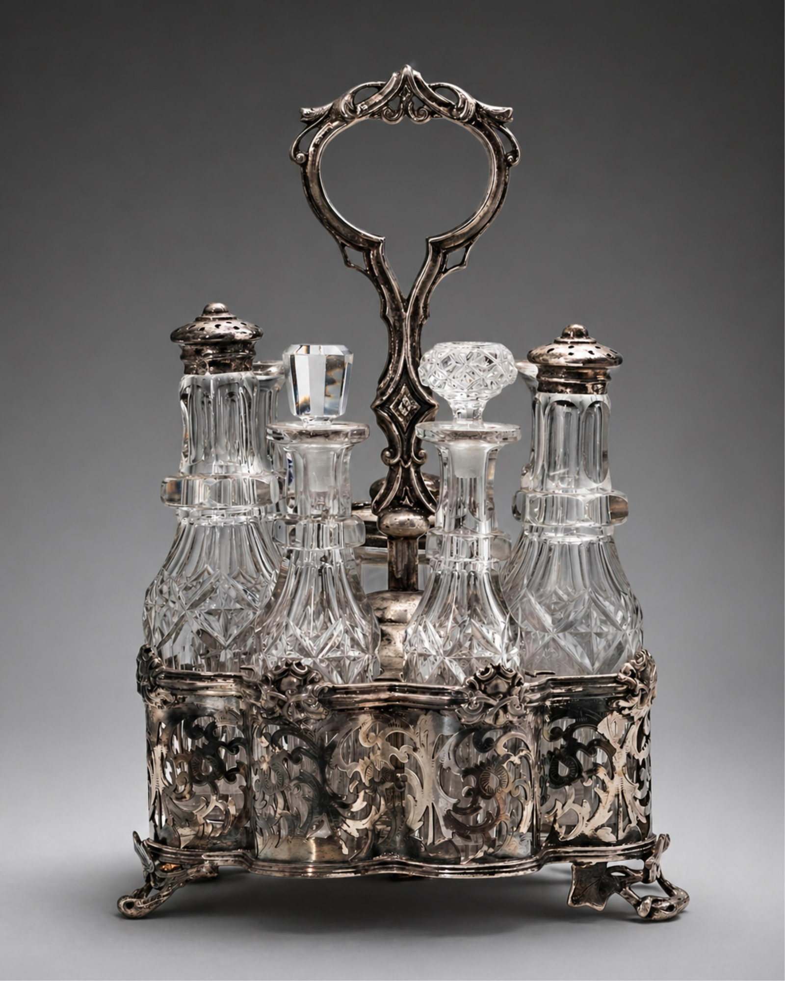 No Reserve: Silverplate And Seven-Bottle Cut Glass condiment Cruet Set (1 of 6)