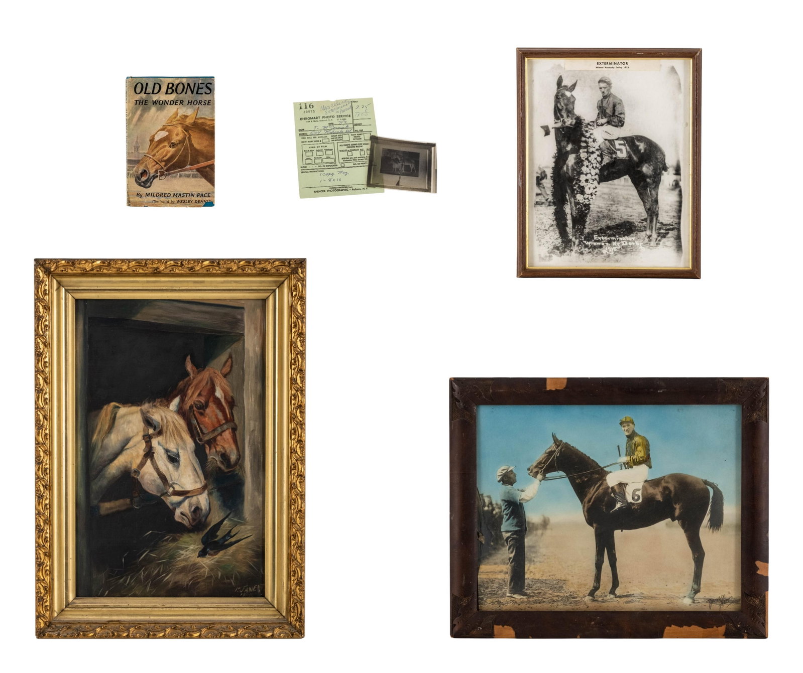 No Reserve: Group of Five Thoroughbred Horse Racing Items Featuring Exterminator 'Old Bones': Keywords: equestrian, thoroughbred racing, horse racing memorabilia, Kentucky Derby winner, Hall of Fame racehorse, jockey portrait, vintage photograph, hand-colored photo print, framed sporting art, 