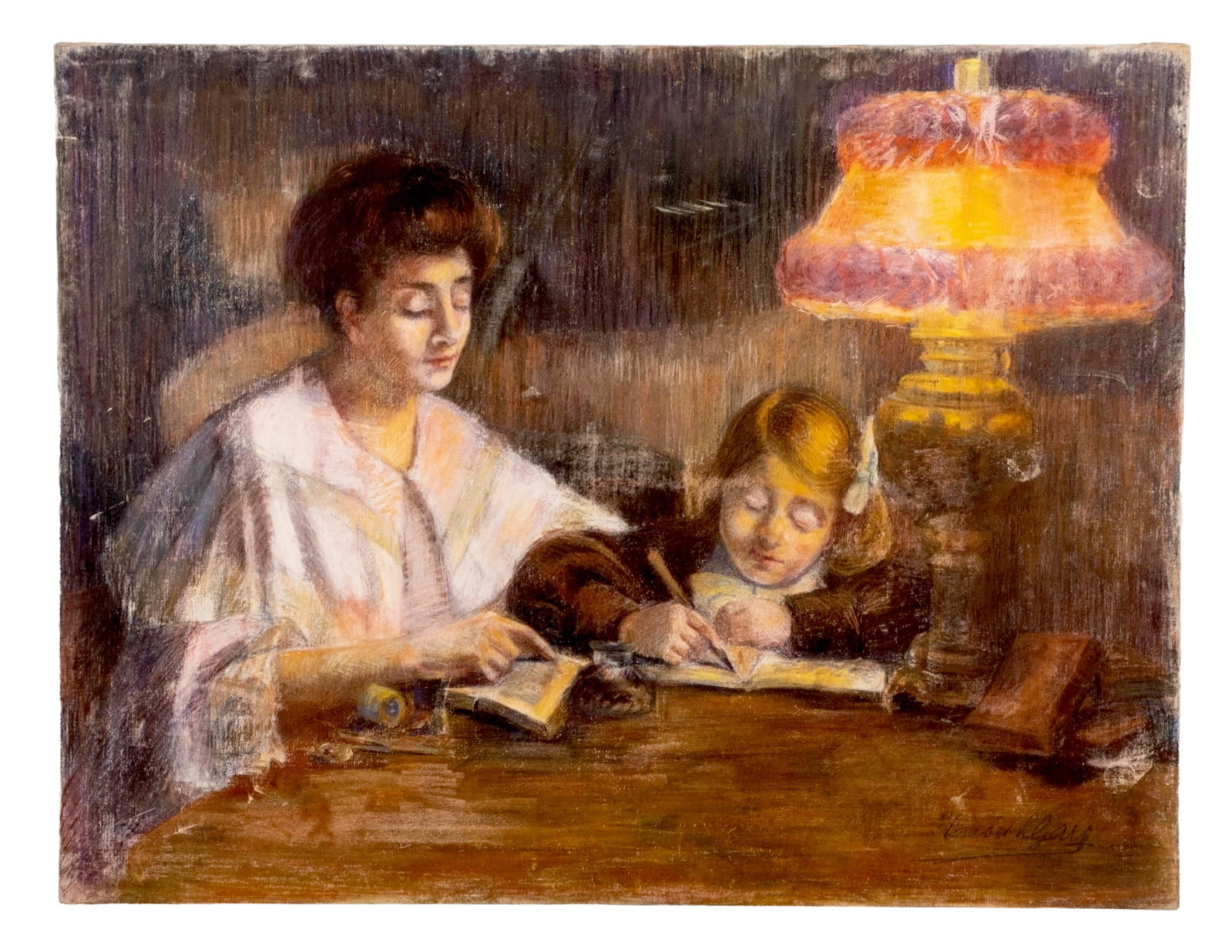 No Reserve: Elisabeth Gay Early 20th Century Pastel on Canvas Painting 'The Lesson', Signed - 3
