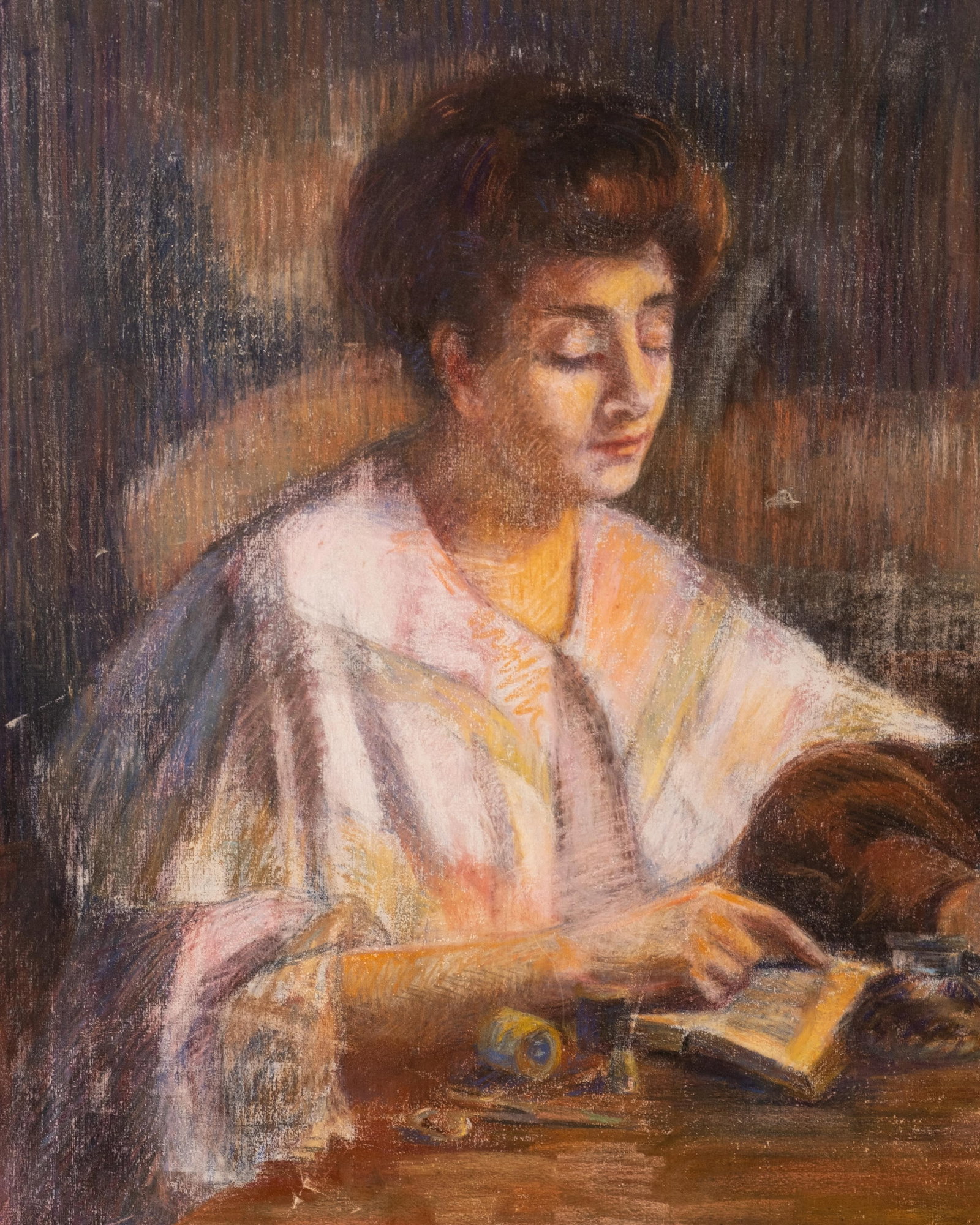 No Reserve: Elisabeth Gay Early 20th Century Pastel on Canvas Painting 'The Lesson', Signed - 4