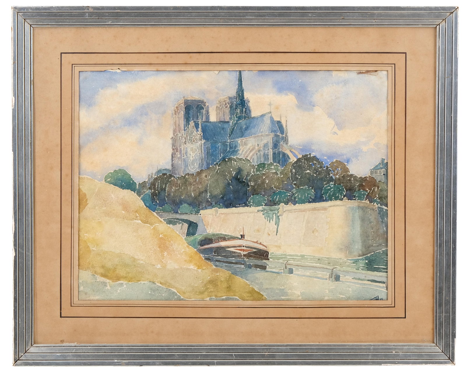No Reserve: Mystery Artist Signed ‘Notre Dame of Paris’ Watercolor Painting, 1932 (1 of 10)