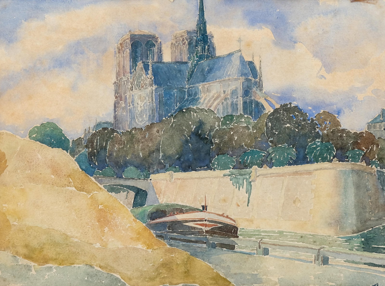 No Reserve: Mystery Artist Signed ‘Notre Dame of Paris’ Watercolor Painting, 1932 - 2