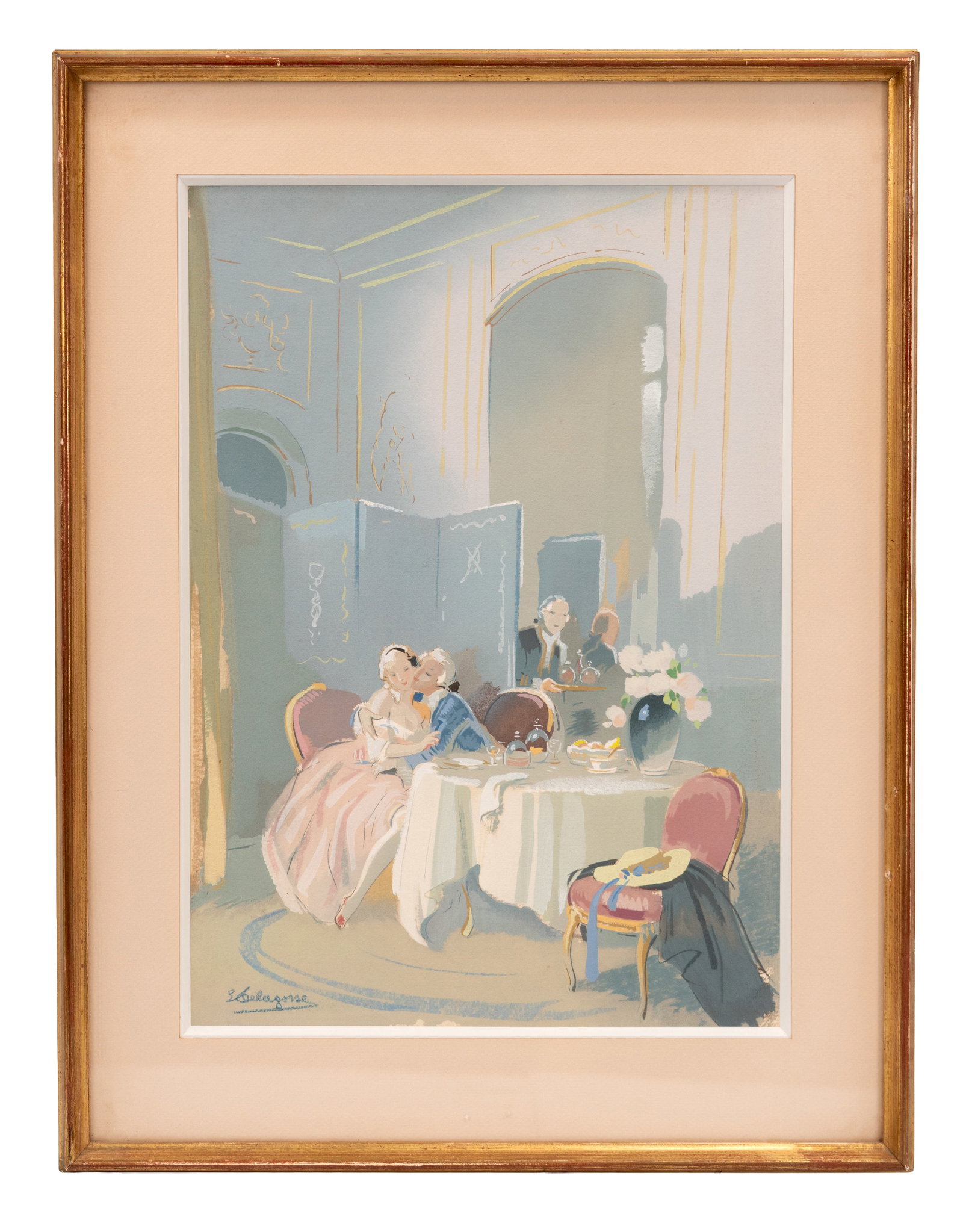 No Reserve: Mystery Artist: Signed Art Deco Restaurant Scene Pastel & Gouache Painting (1 of 5)