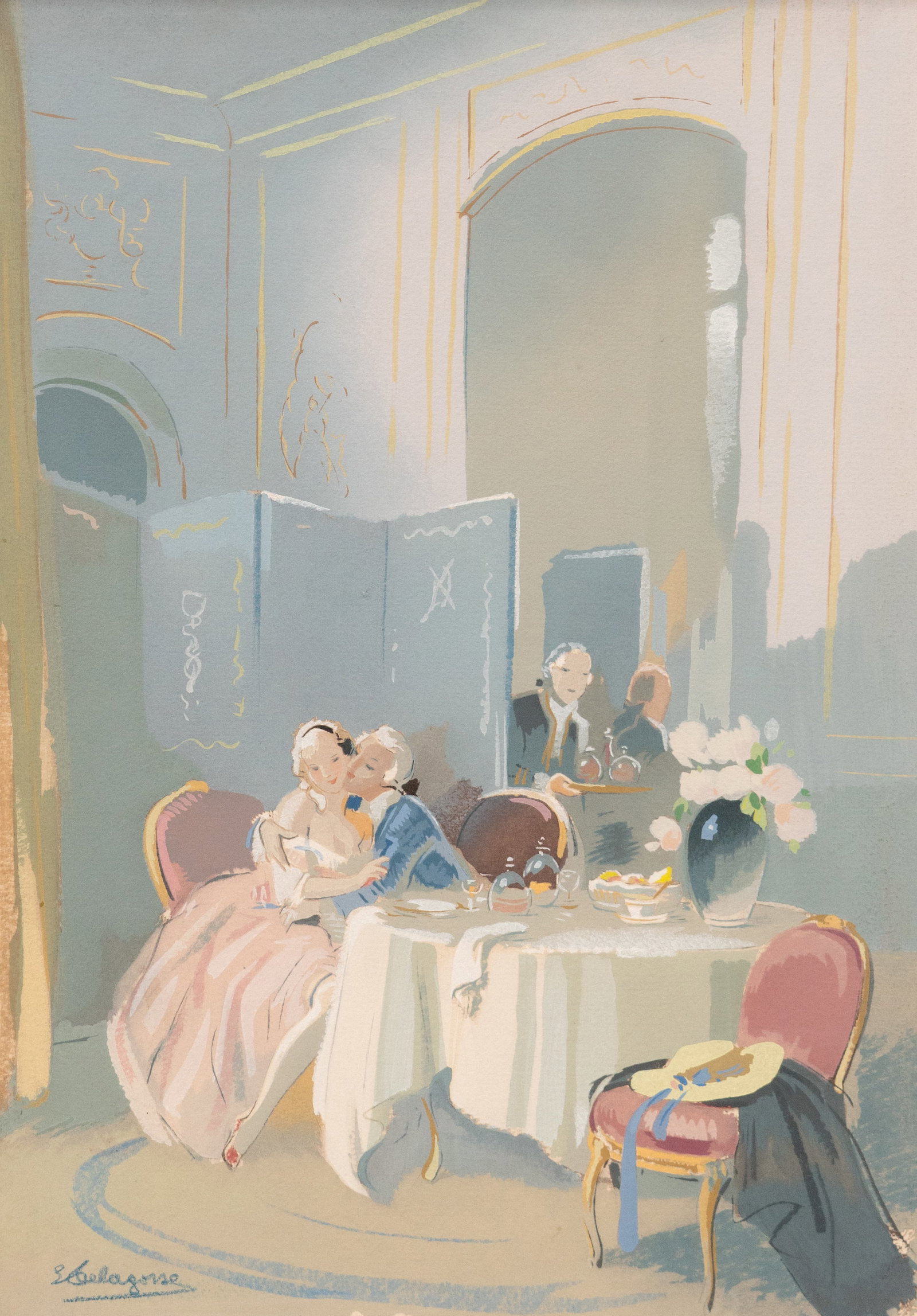 No Reserve: Mystery Artist: Signed Art Deco Restaurant Scene Pastel & Gouache Painting - 2